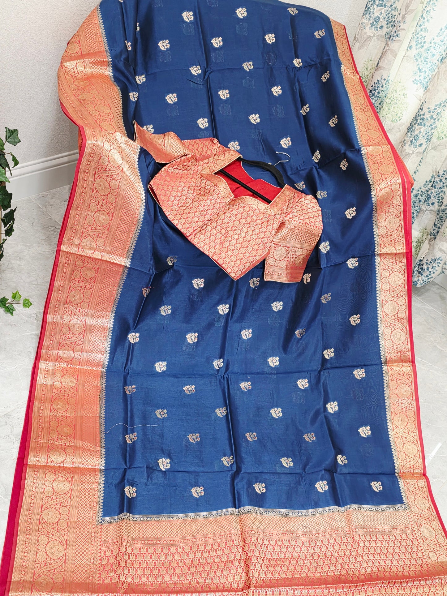 Midnight Navy & Rani Rose Semi Mango Benarasi Silk Saree with Stitched Blouse