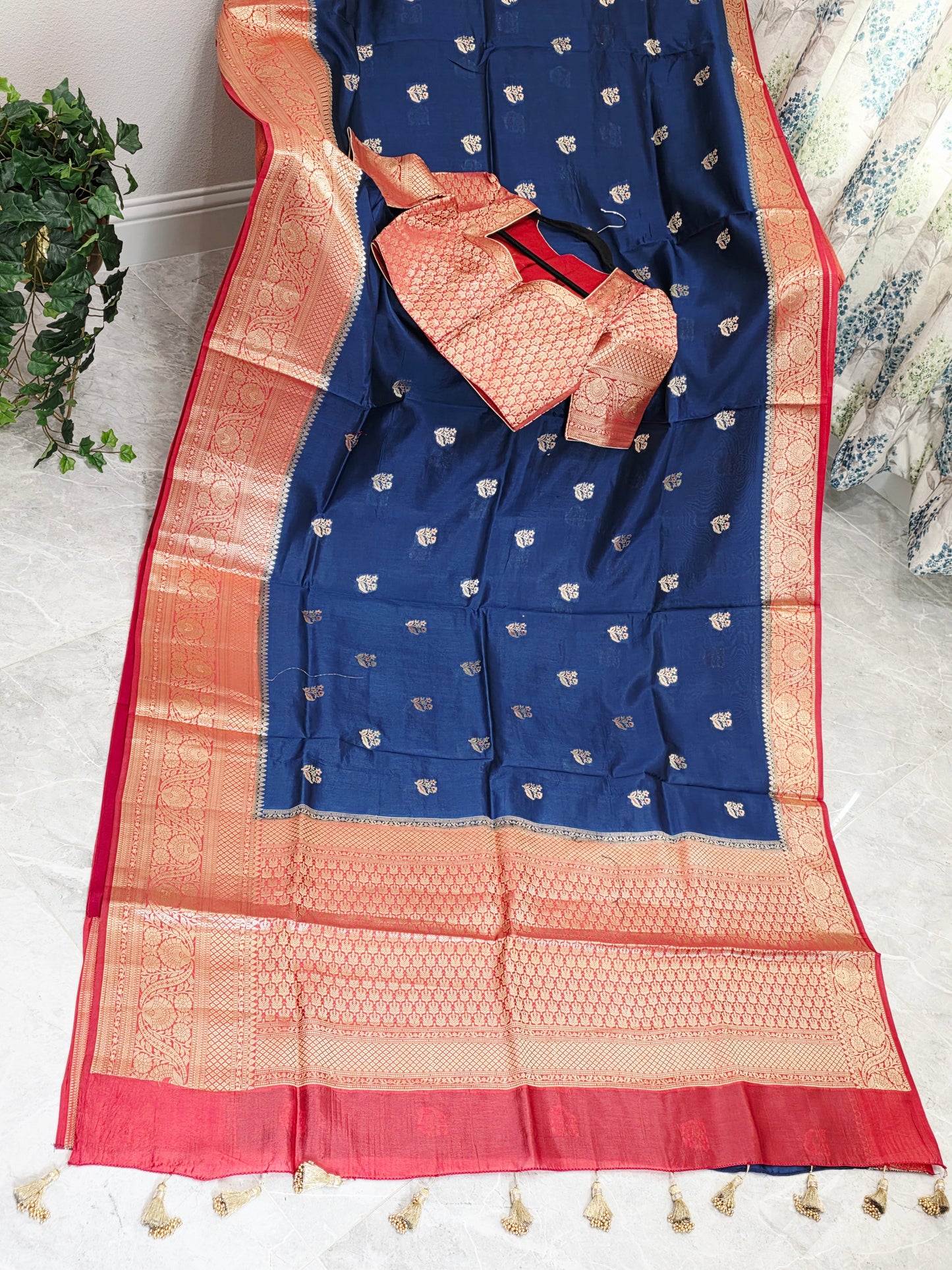 Midnight Navy & Rani Rose Semi Mango Benarasi Silk Saree with Stitched Blouse