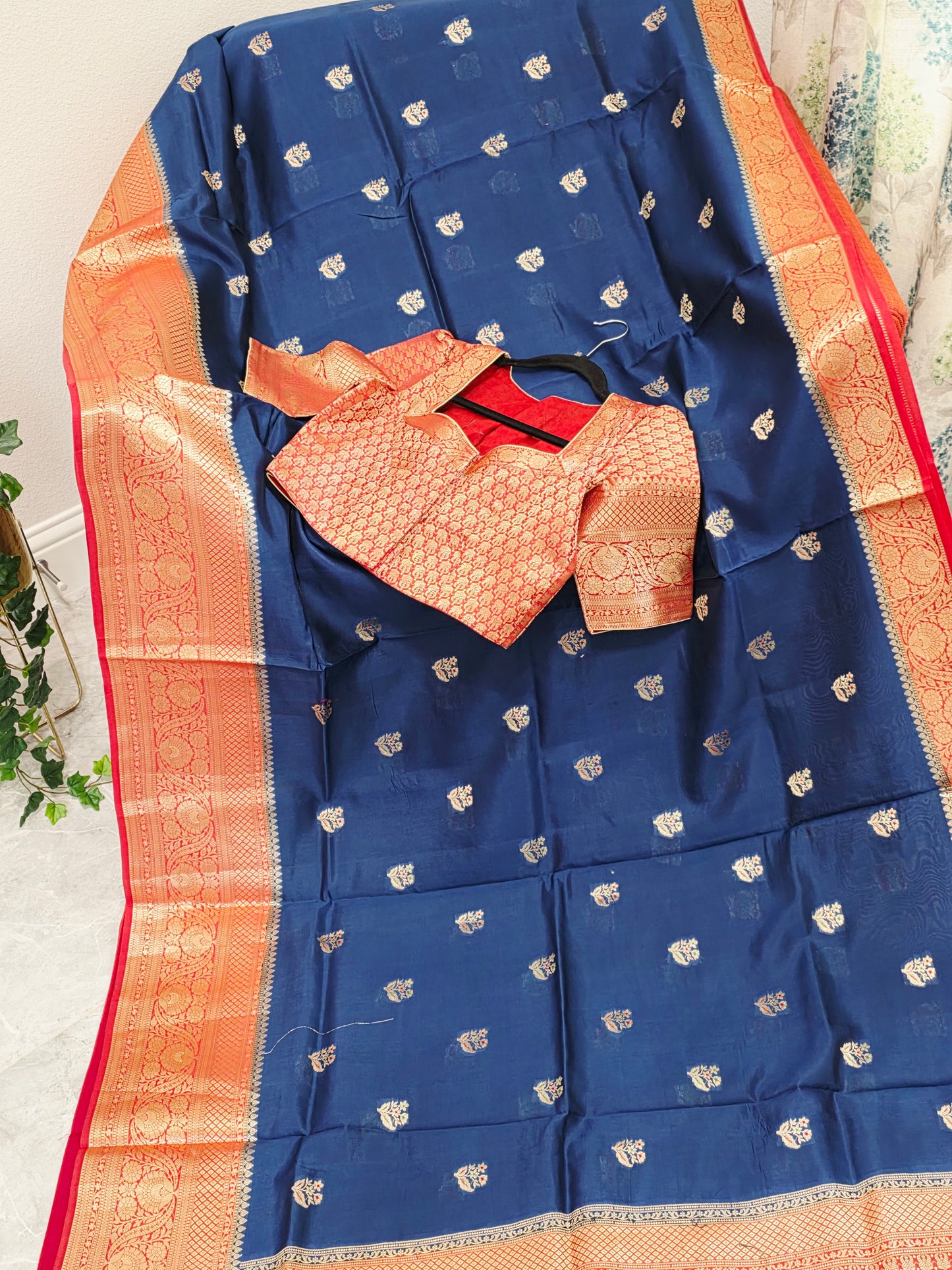 Midnight Navy & Rani Rose Semi Mango Benarasi Silk Saree with Stitched Blouse