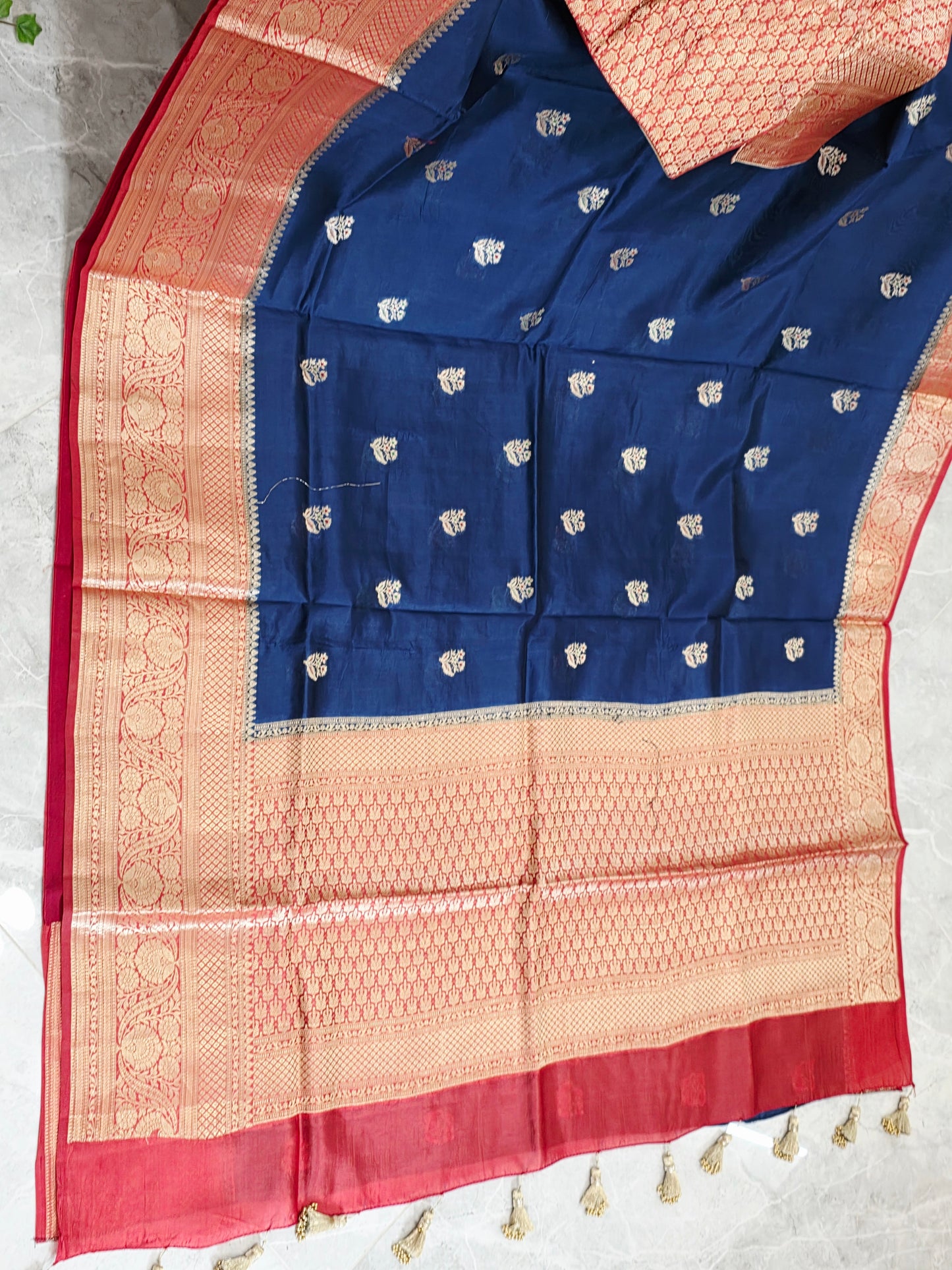 Midnight Navy & Rani Rose Semi Mango Benarasi Silk Saree with Stitched Blouse