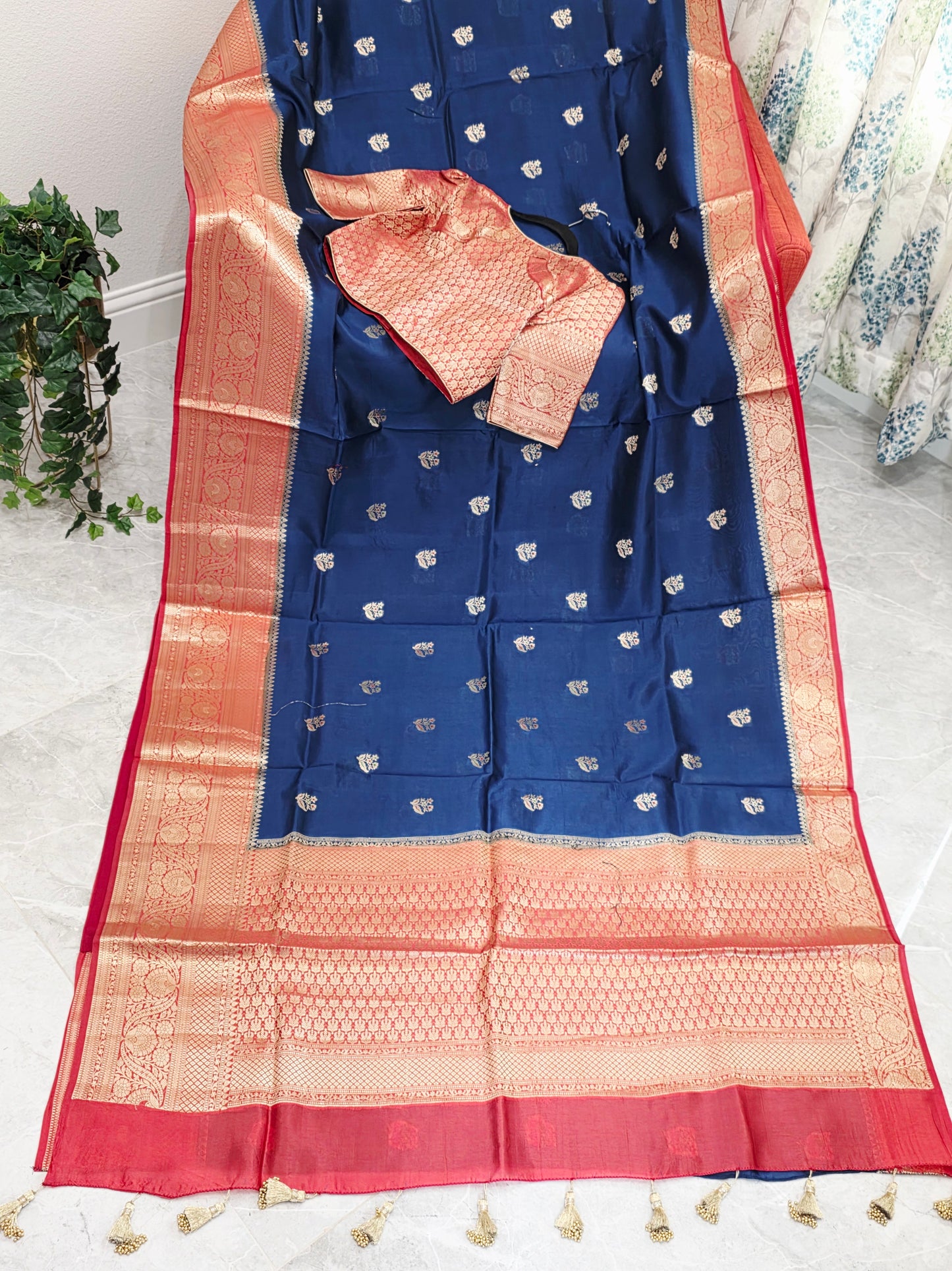 Midnight Navy & Rani Rose Semi Mango Benarasi Silk Saree with Stitched Blouse