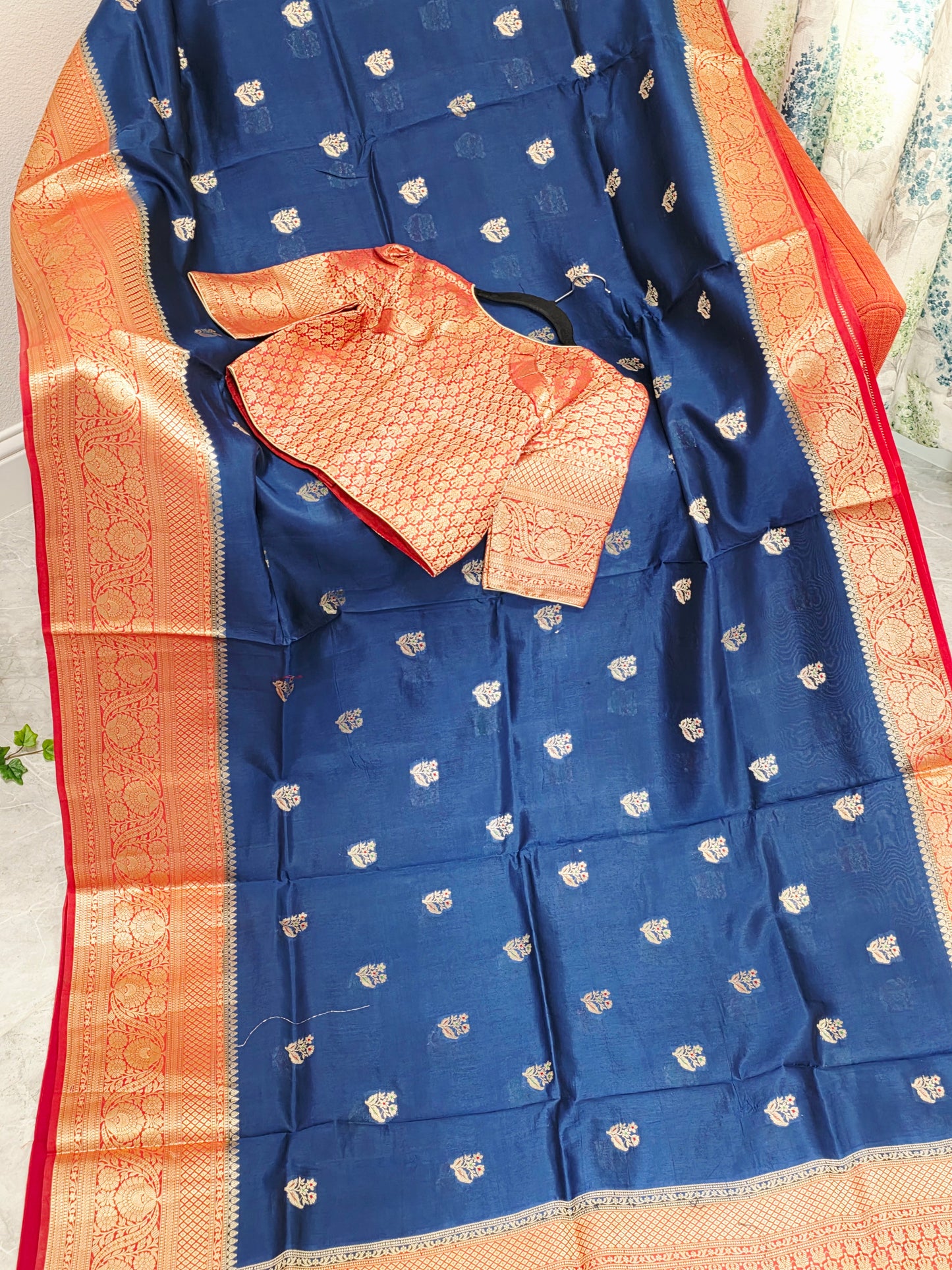 Midnight Navy & Rani Rose Semi Mango Benarasi Silk Saree with Stitched Blouse