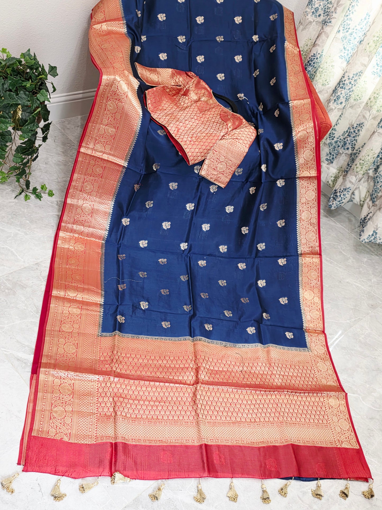 Midnight Navy & Rani Rose Semi Mango Benarasi Silk Saree with Stitched Blouse