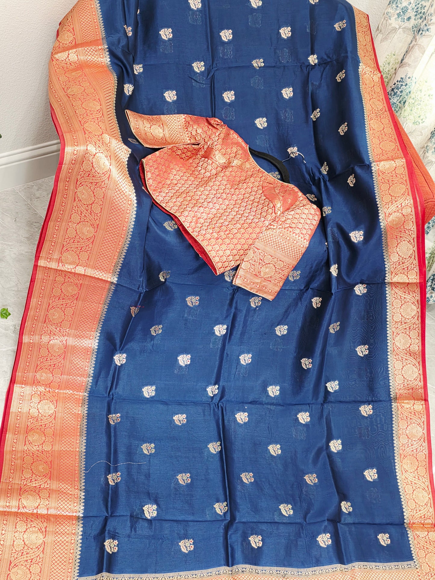 Midnight Navy & Rani Rose Semi Mango Benarasi Silk Saree with Stitched Blouse