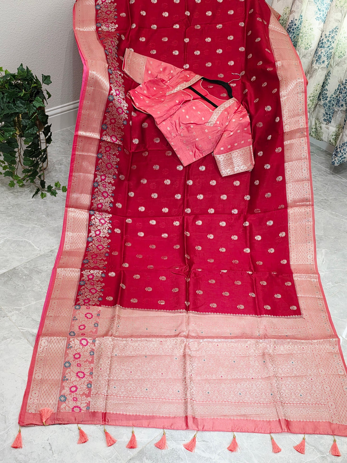 Ruby Rose & Blush Pink Semi Mango Benarasi Silk Saree with Stitched Blouse