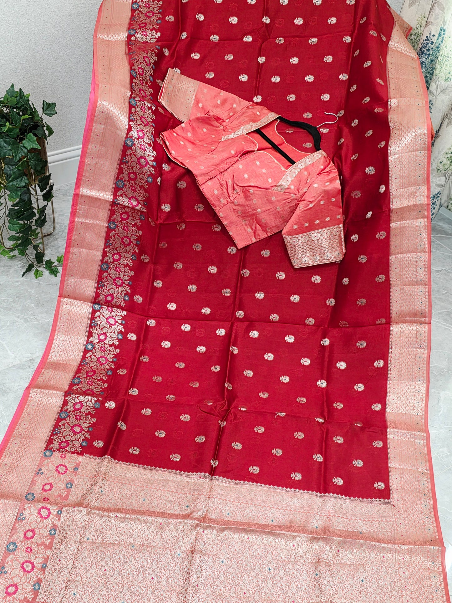 Ruby Rose & Blush Pink Semi Mango Benarasi Silk Saree with Stitched Blouse