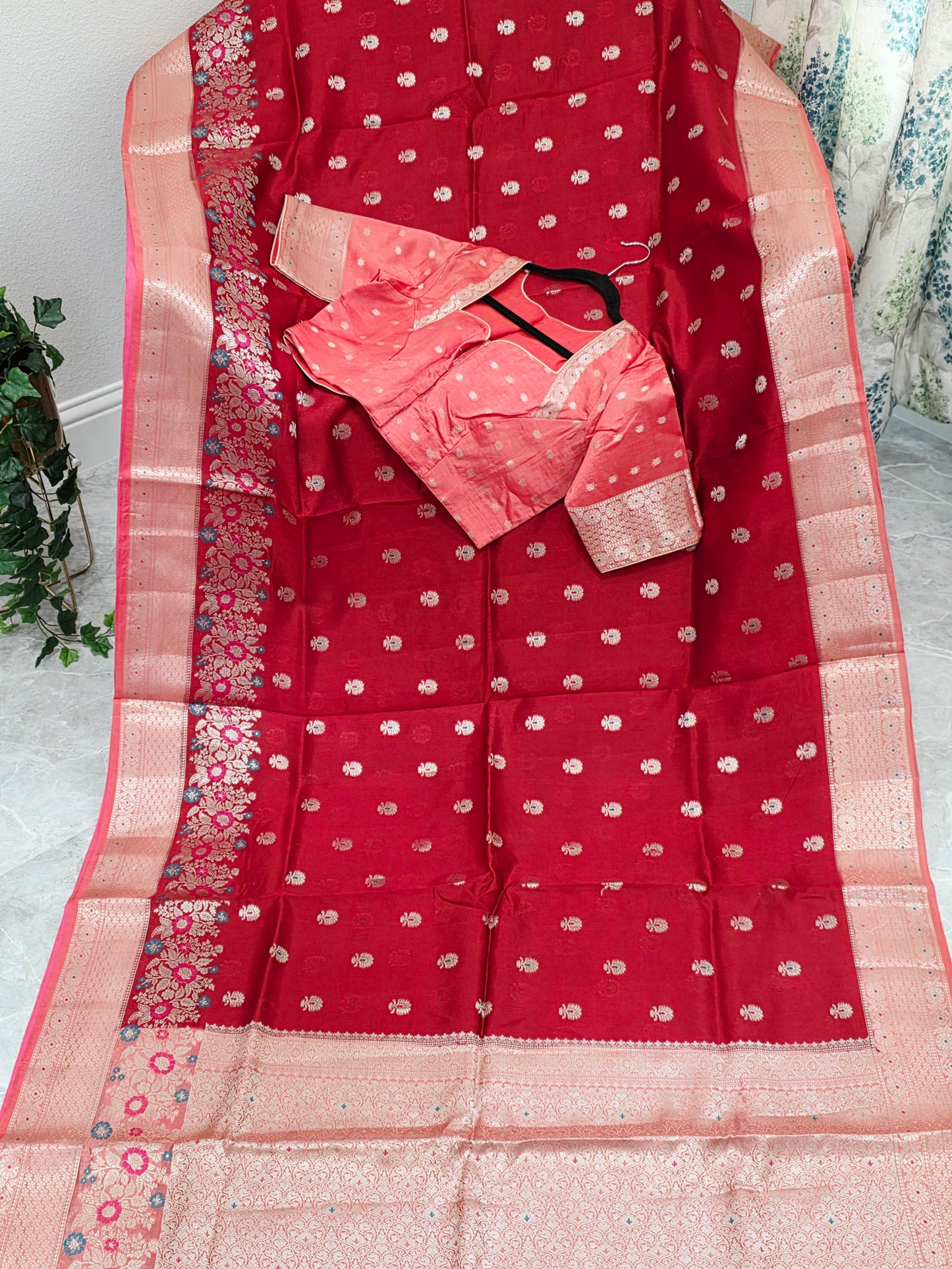 Ruby Rose & Blush Pink Semi Mango Benarasi Silk Saree with Stitched Blouse