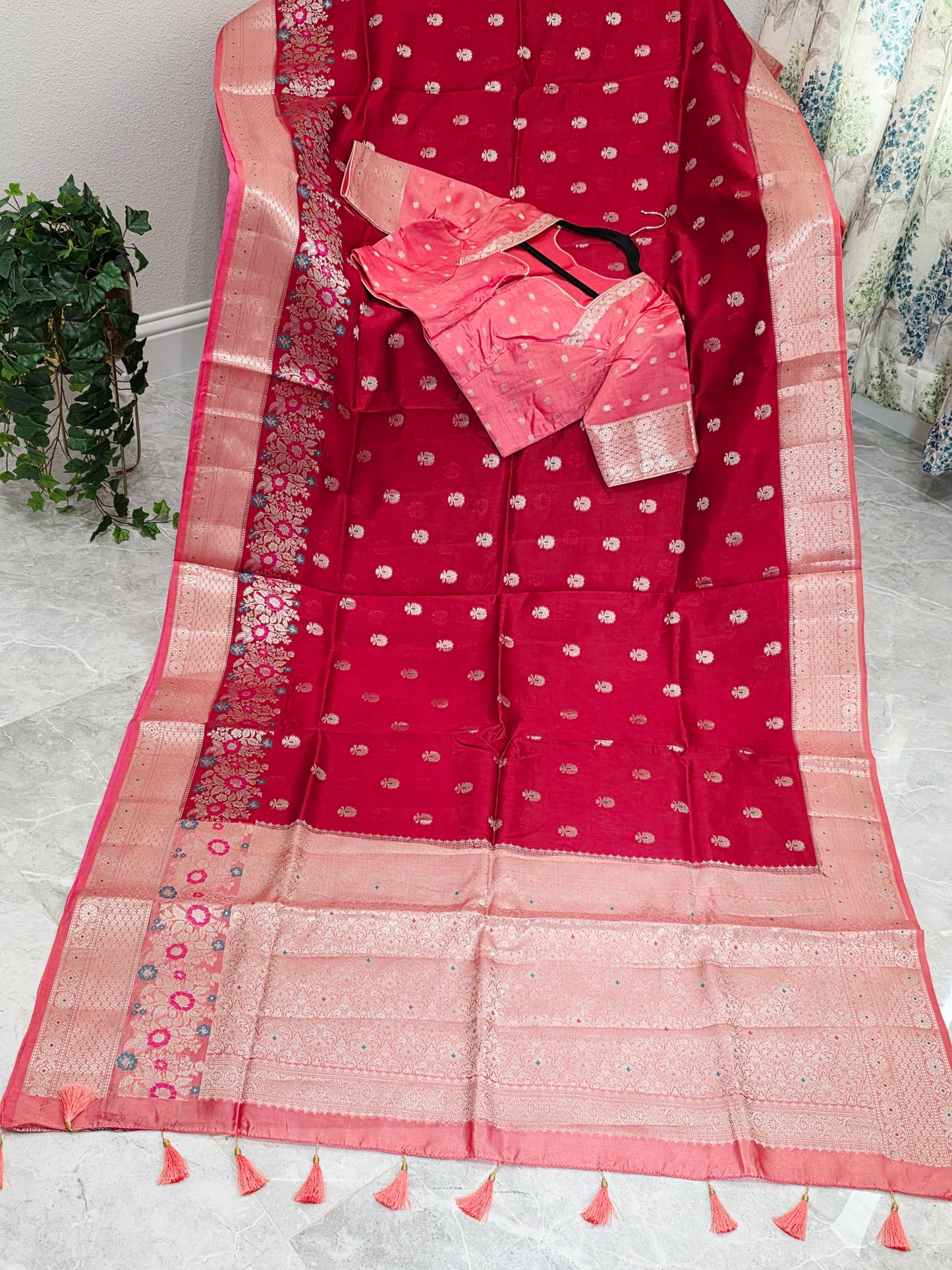Ruby Rose & Blush Pink Semi Mango Benarasi Silk Saree with Stitched Blouse