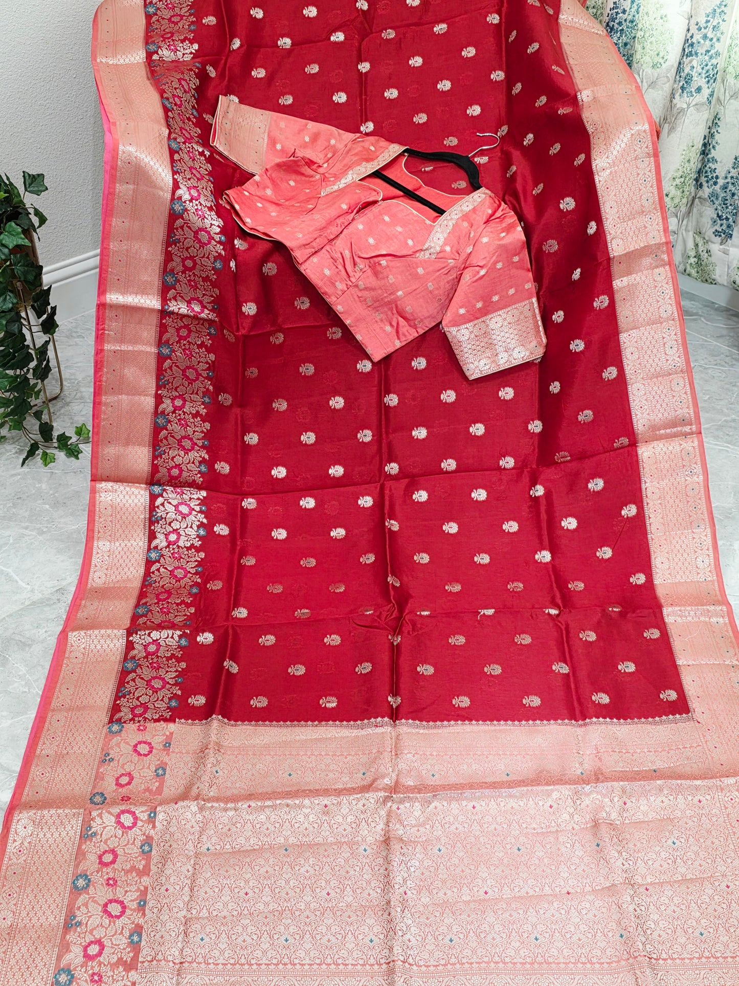 Ruby Rose & Blush Pink Semi Mango Benarasi Silk Saree with Stitched Blouse