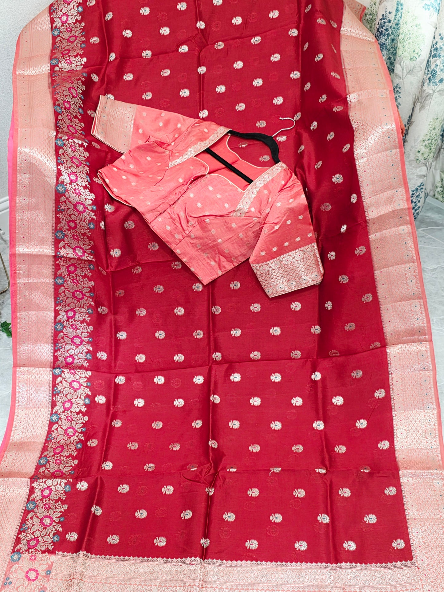 Ruby Rose & Blush Pink Semi Mango Benarasi Silk Saree with Stitched Blouse