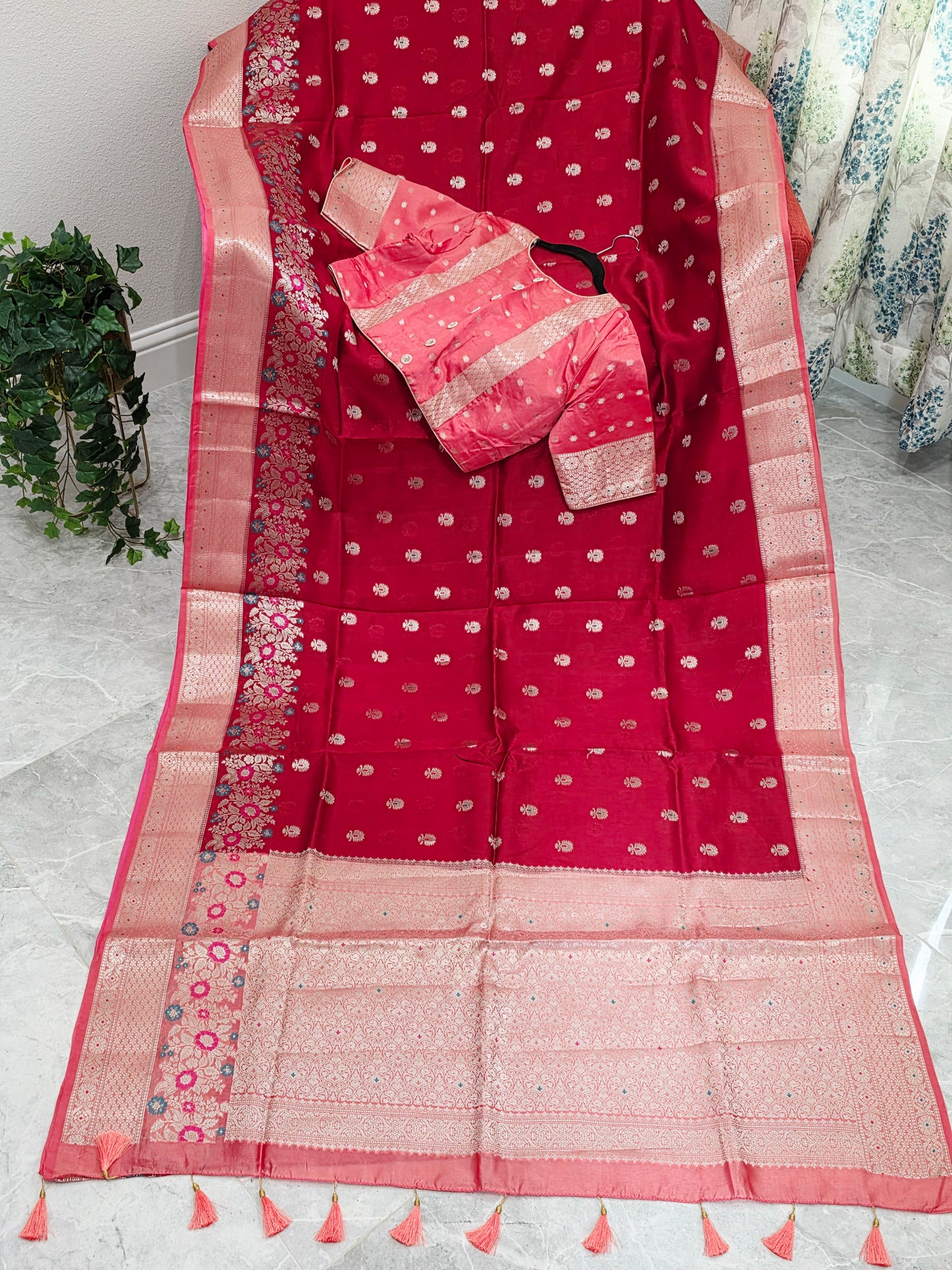 Ruby Rose & Blush Pink Semi Mango Benarasi Silk Saree with Stitched Blouse