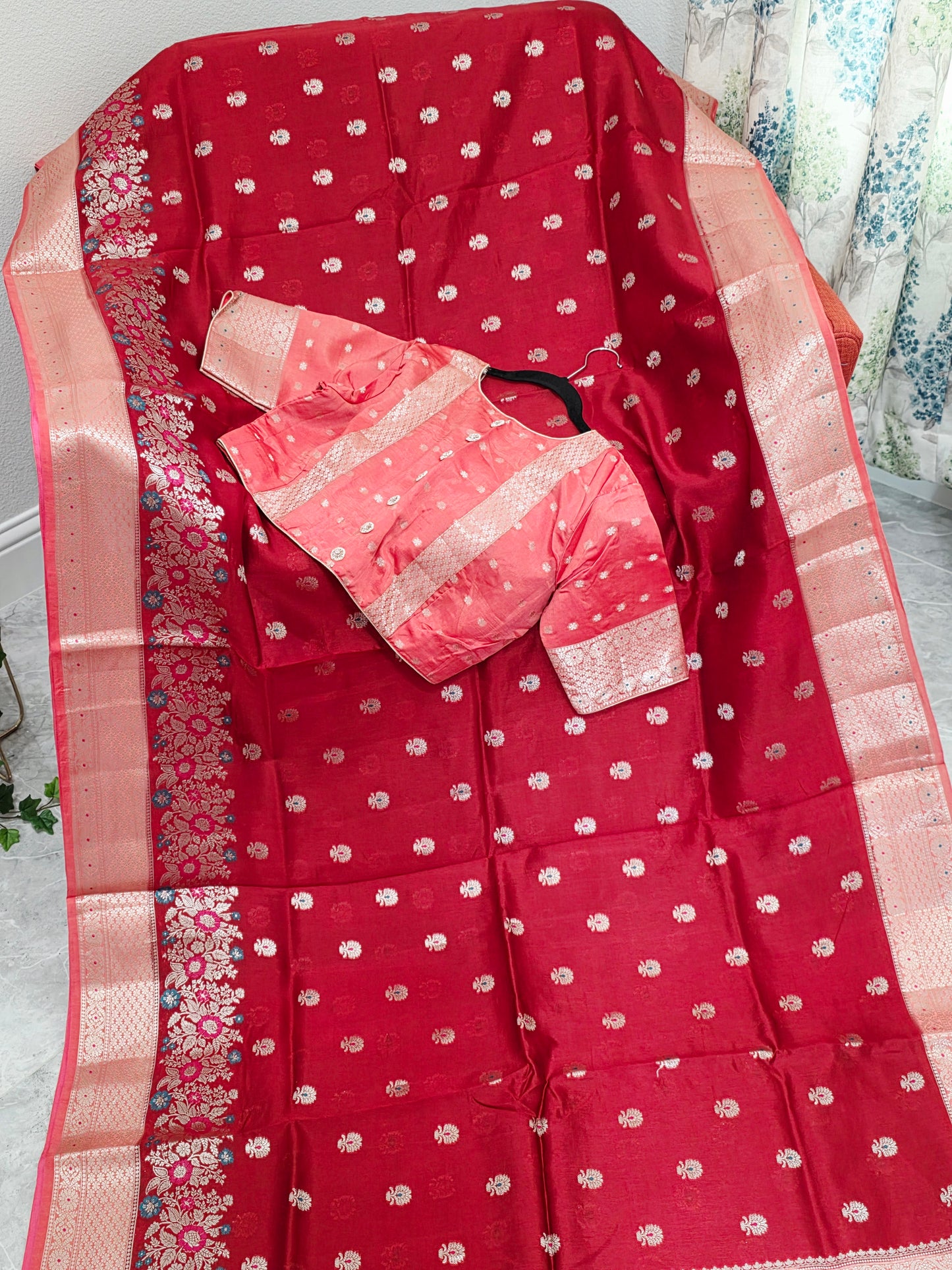 Ruby Rose & Blush Pink Semi Mango Benarasi Silk Saree with Stitched Blouse