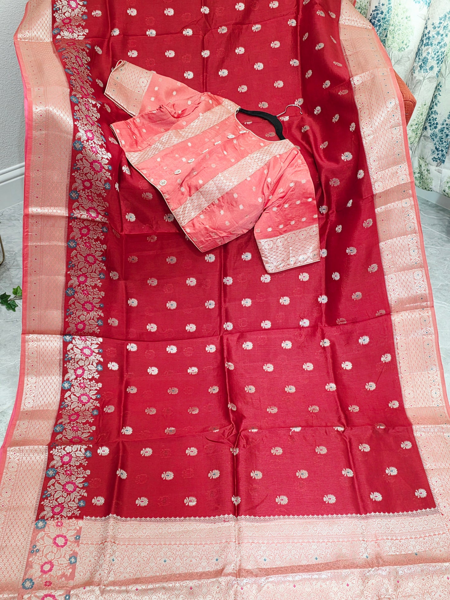 Ruby Rose & Blush Pink Semi Mango Benarasi Silk Saree with Stitched Blouse