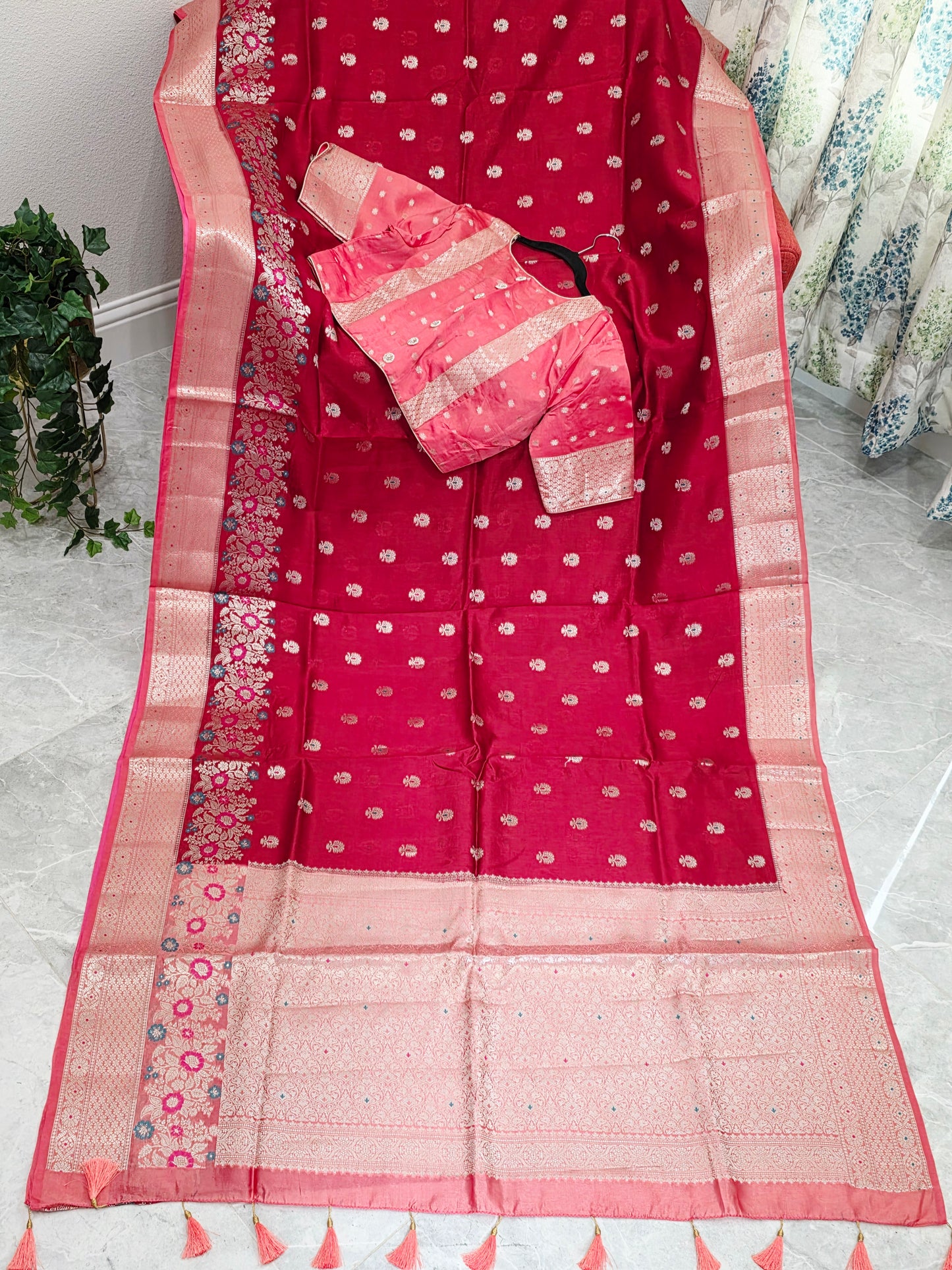 Ruby Rose & Blush Pink Semi Mango Benarasi Silk Saree with Stitched Blouse