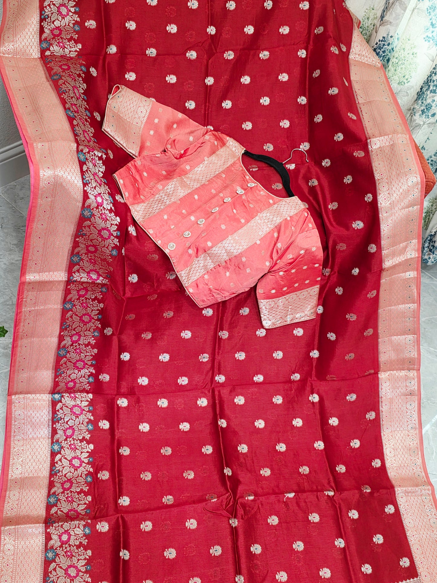 Ruby Rose & Blush Pink Semi Mango Benarasi Silk Saree with Stitched Blouse