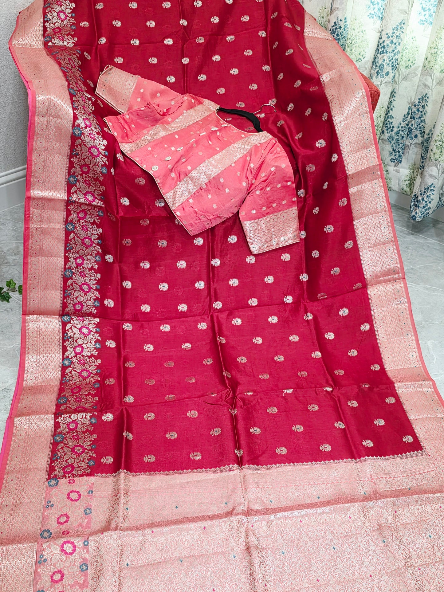 Ruby Rose & Blush Pink Semi Mango Benarasi Silk Saree with Stitched Blouse