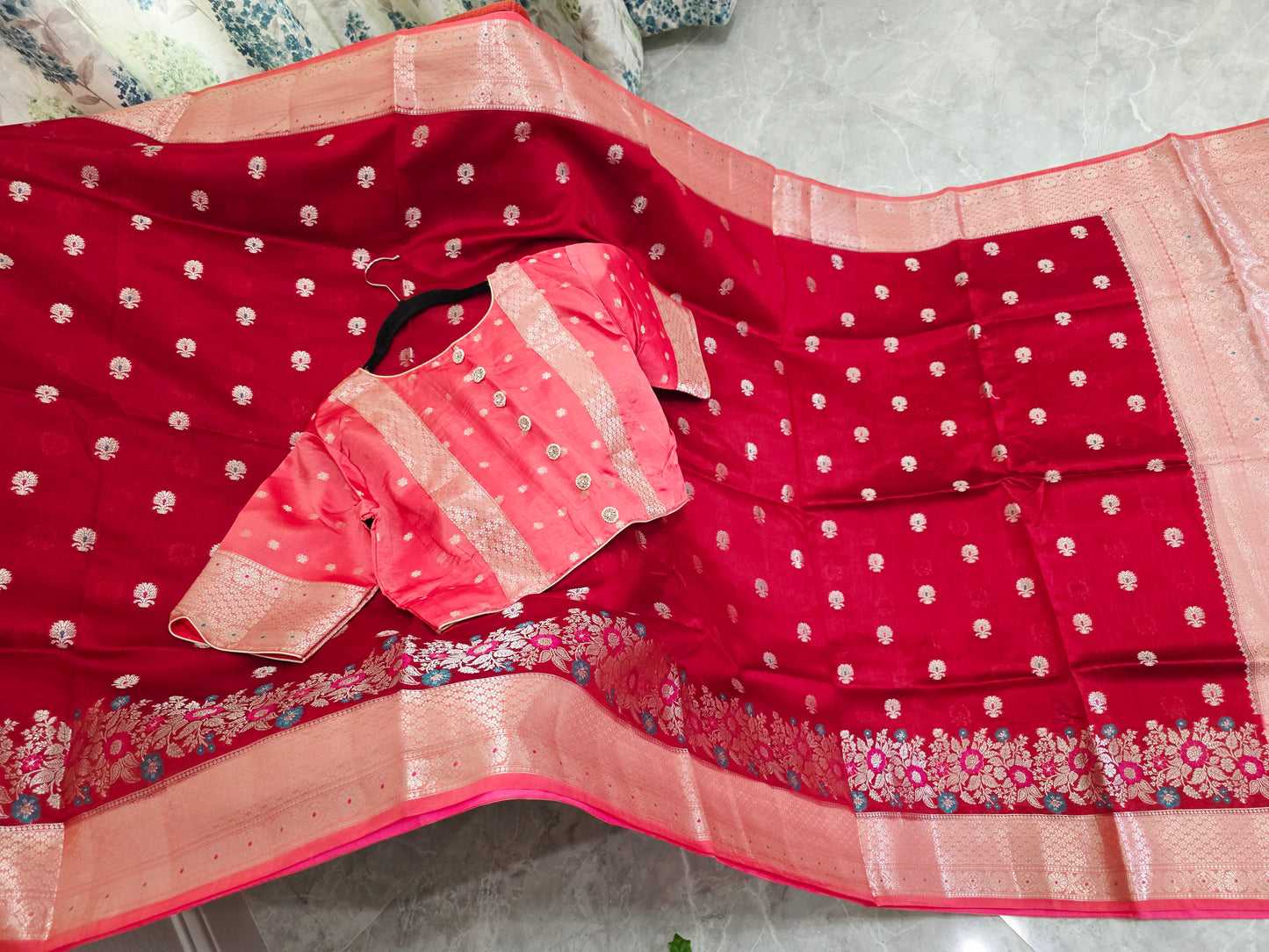 Ruby Rose & Blush Pink Semi Mango Benarasi Silk Saree with Stitched Blouse