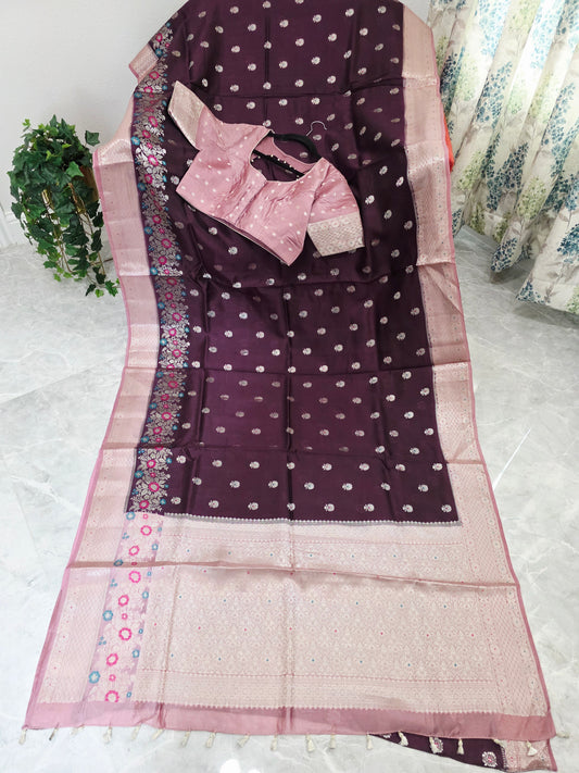 Vintage Plum & Blush Pink Semi Mango Benarasi Silk Saree with Stitched Blouse