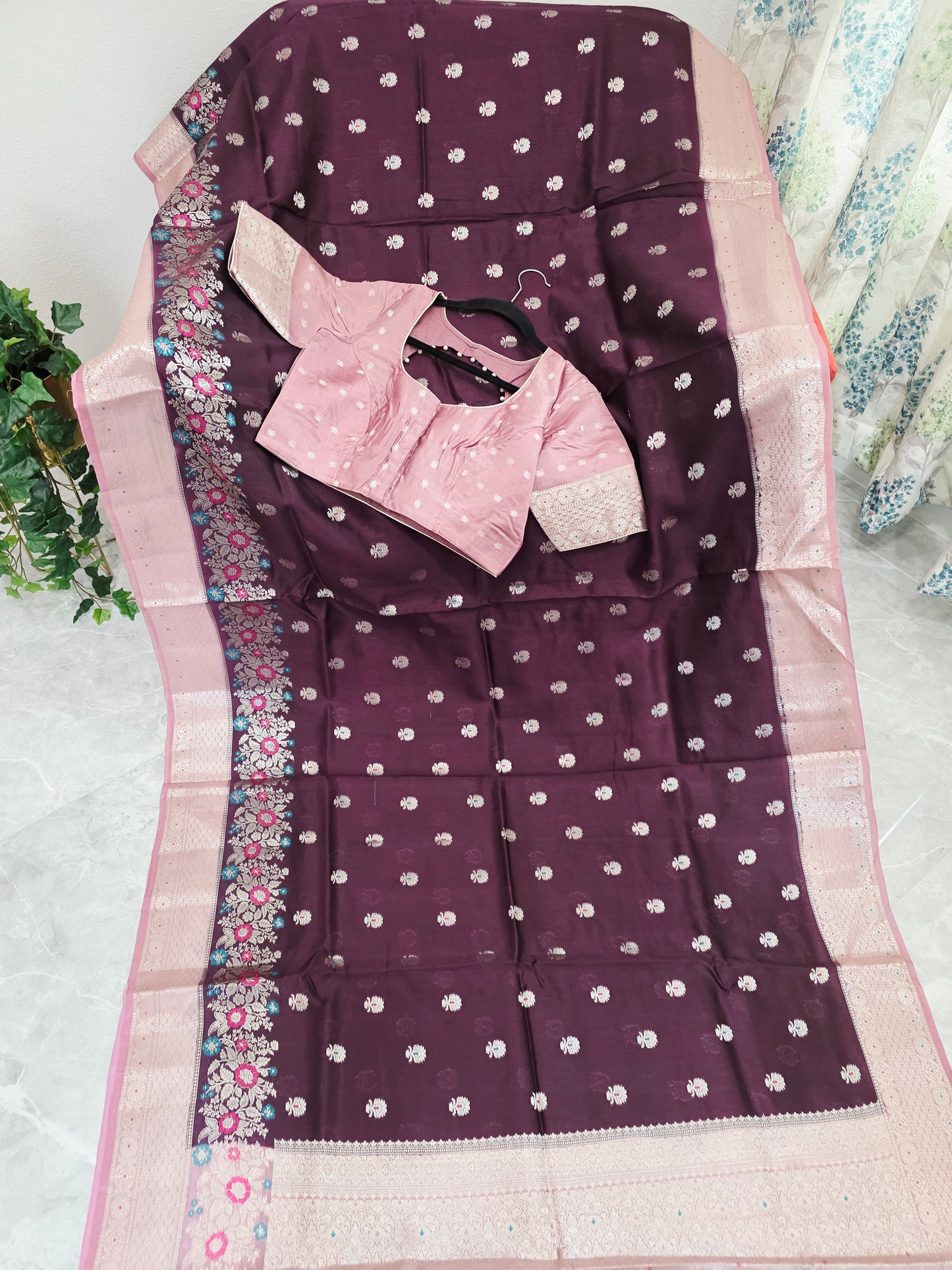 Vintage Plum & Blush Pink Semi Mango Benarasi Silk Saree with Stitched Blouse