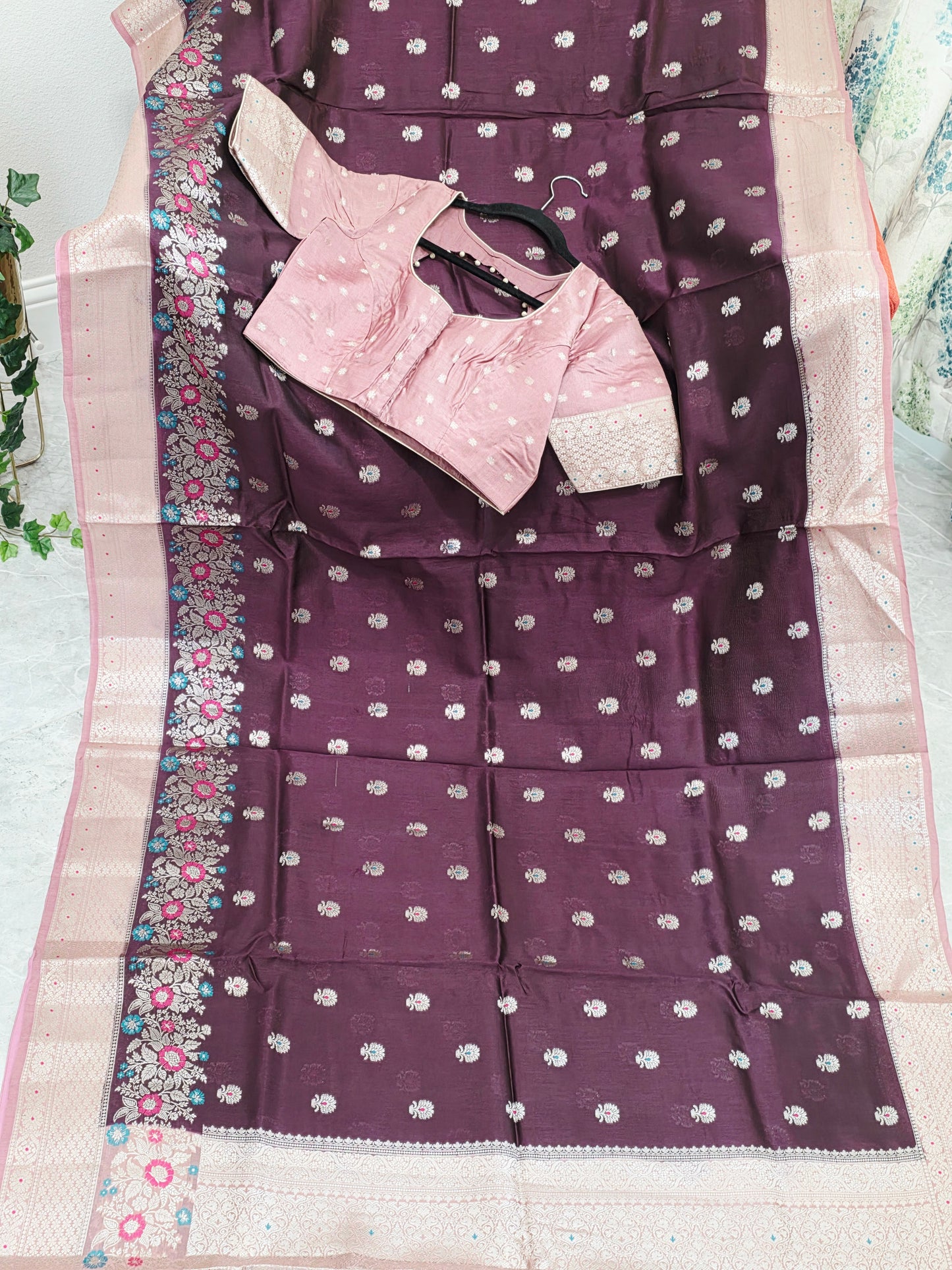 Vintage Plum & Blush Pink Semi Mango Benarasi Silk Saree with Stitched Blouse