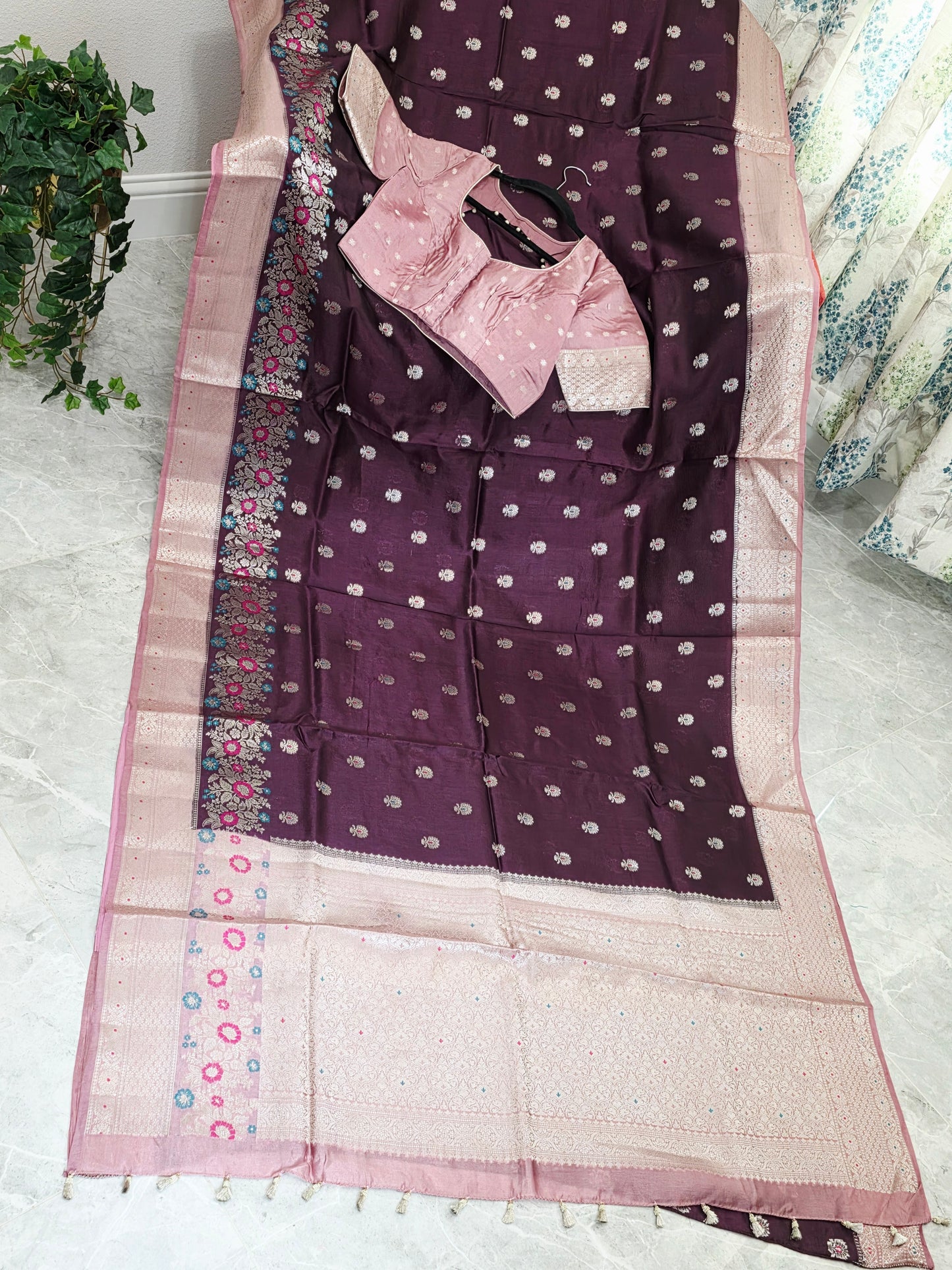 Vintage Plum & Blush Pink Semi Mango Benarasi Silk Saree with Stitched Blouse