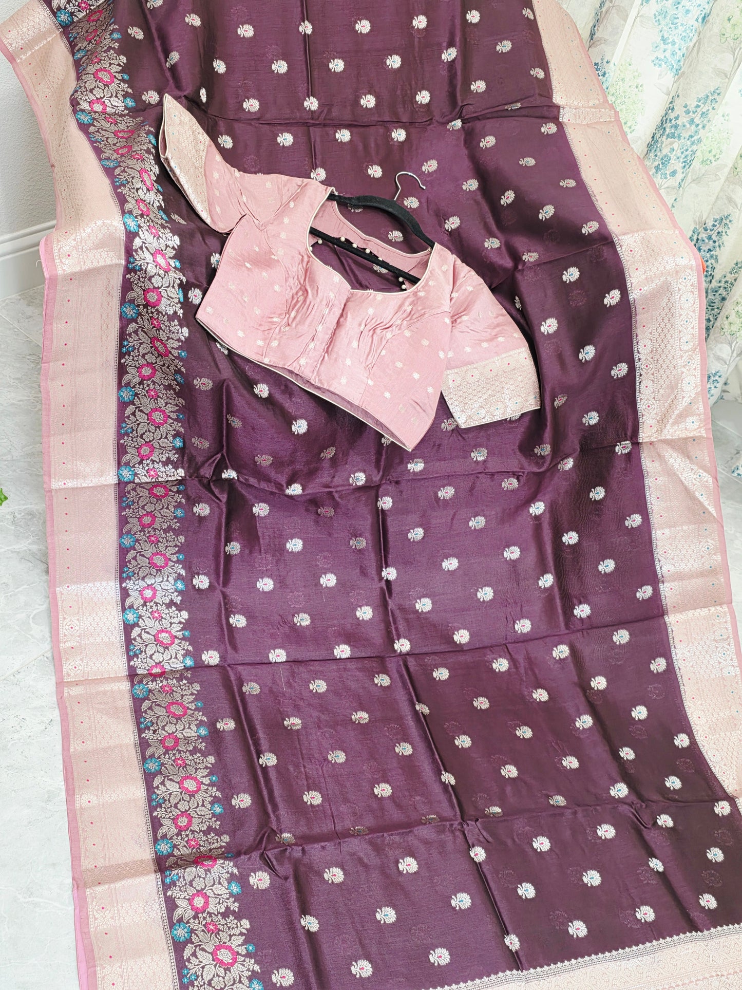 Vintage Plum & Blush Pink Semi Mango Benarasi Silk Saree with Stitched Blouse