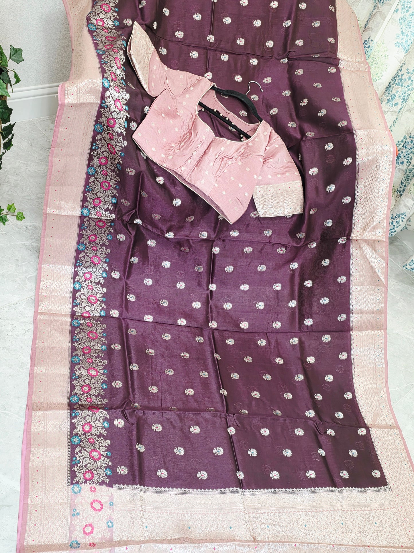 Vintage Plum & Blush Pink Semi Mango Benarasi Silk Saree with Stitched Blouse