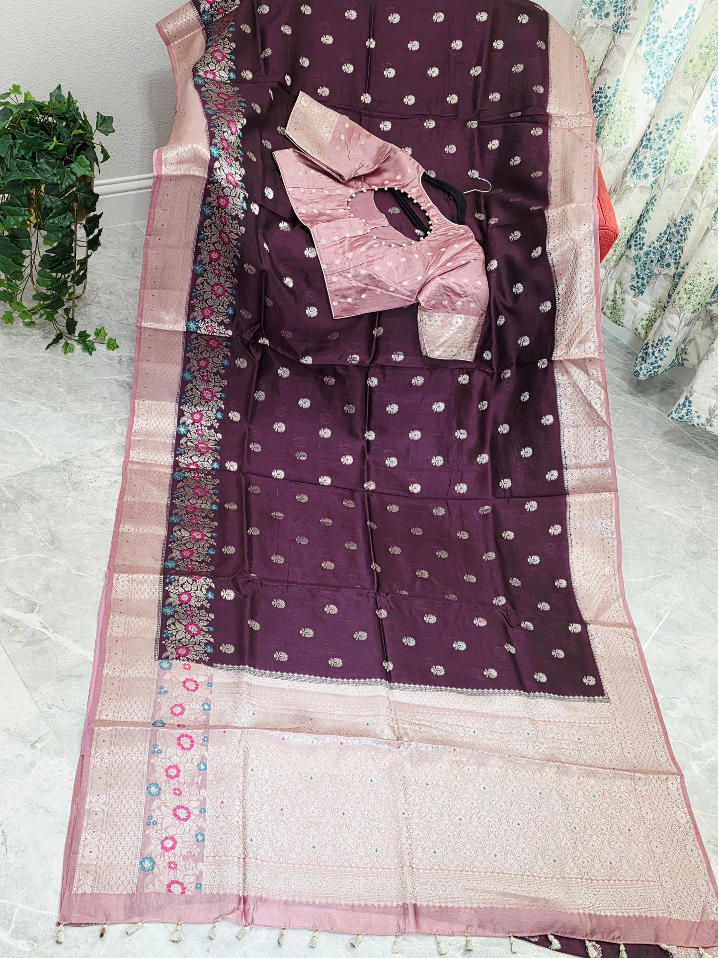 Vintage Plum & Blush Pink Semi Mango Benarasi Silk Saree with Stitched Blouse