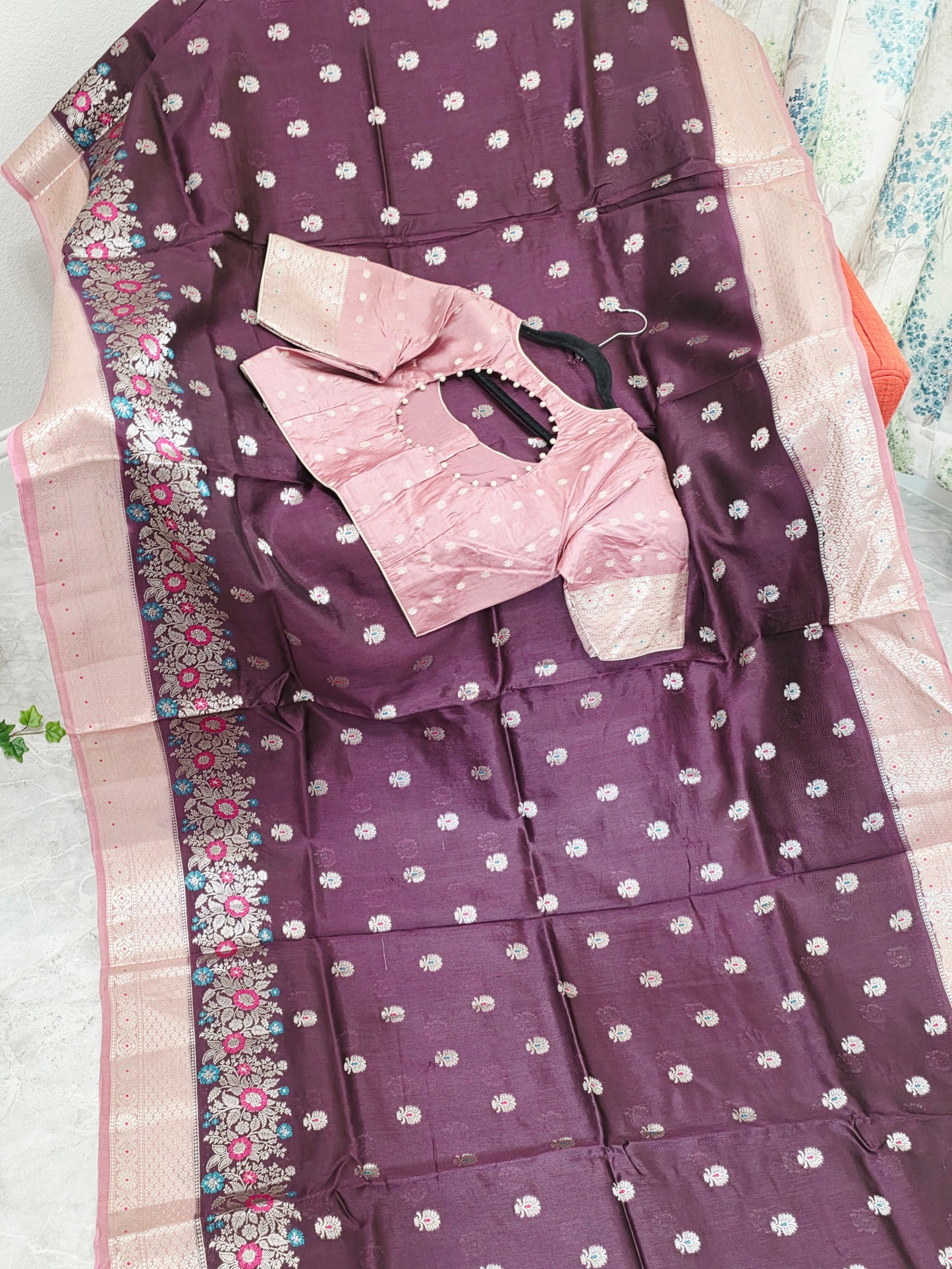 Vintage Plum & Blush Pink Semi Mango Benarasi Silk Saree with Stitched Blouse