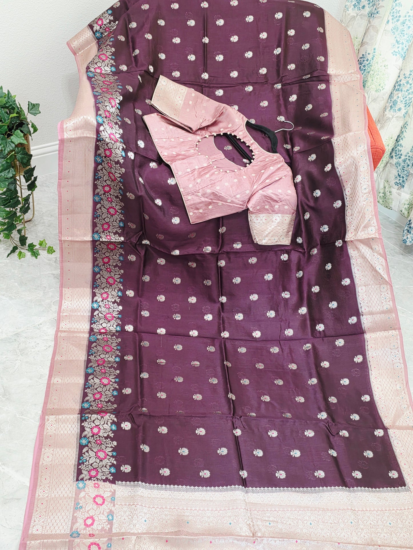 Vintage Plum & Blush Pink Semi Mango Benarasi Silk Saree with Stitched Blouse