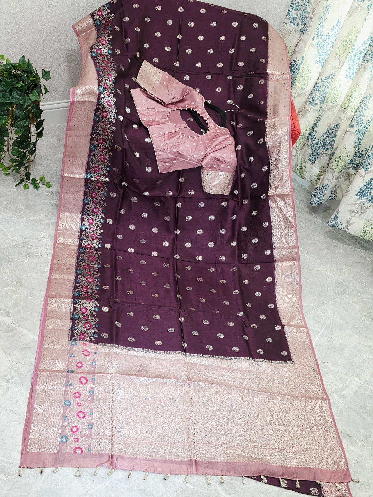 Vintage Plum & Blush Pink Semi Mango Benarasi Silk Saree with Stitched Blouse
