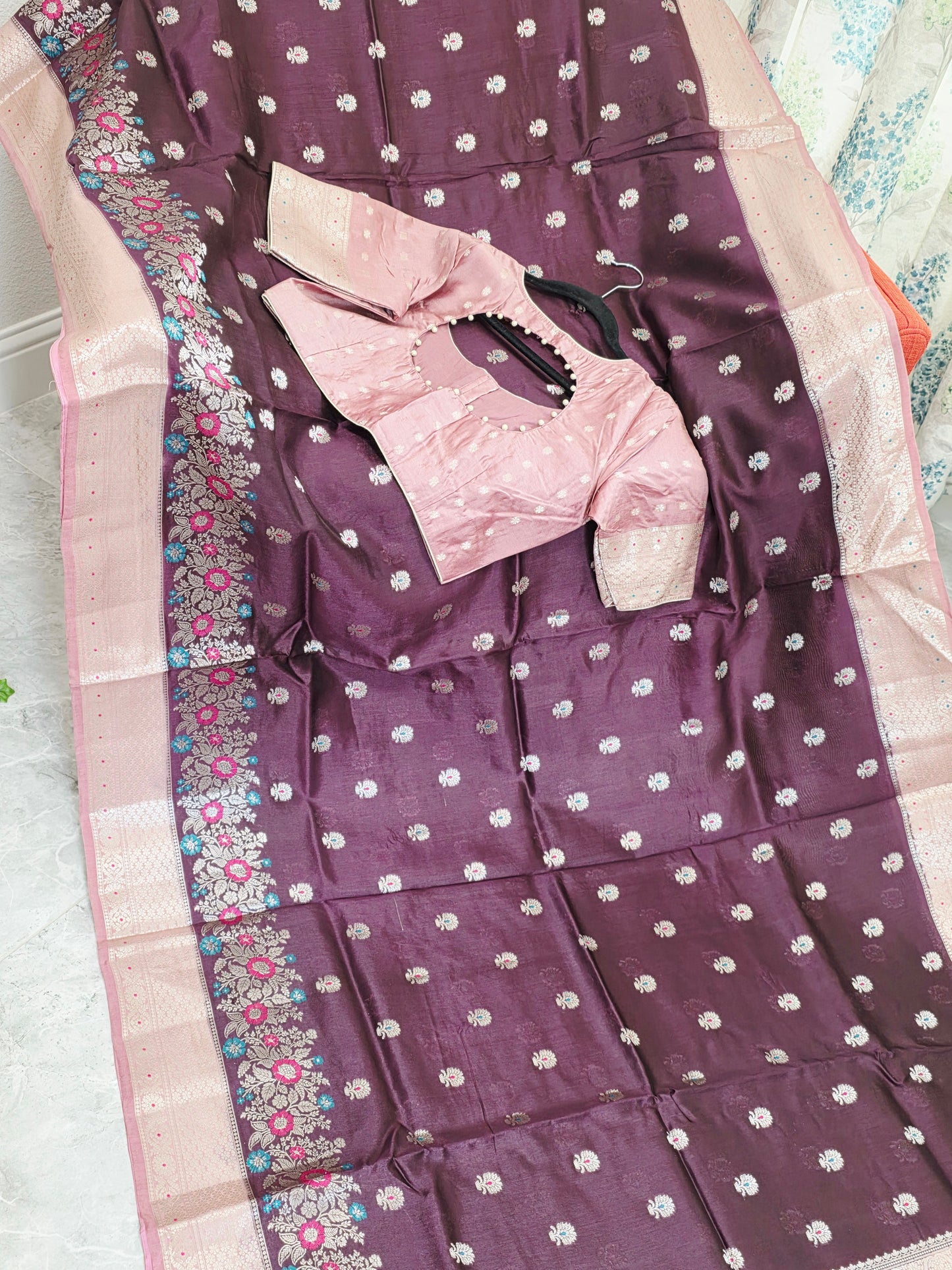 Vintage Plum & Blush Pink Semi Mango Benarasi Silk Saree with Stitched Blouse