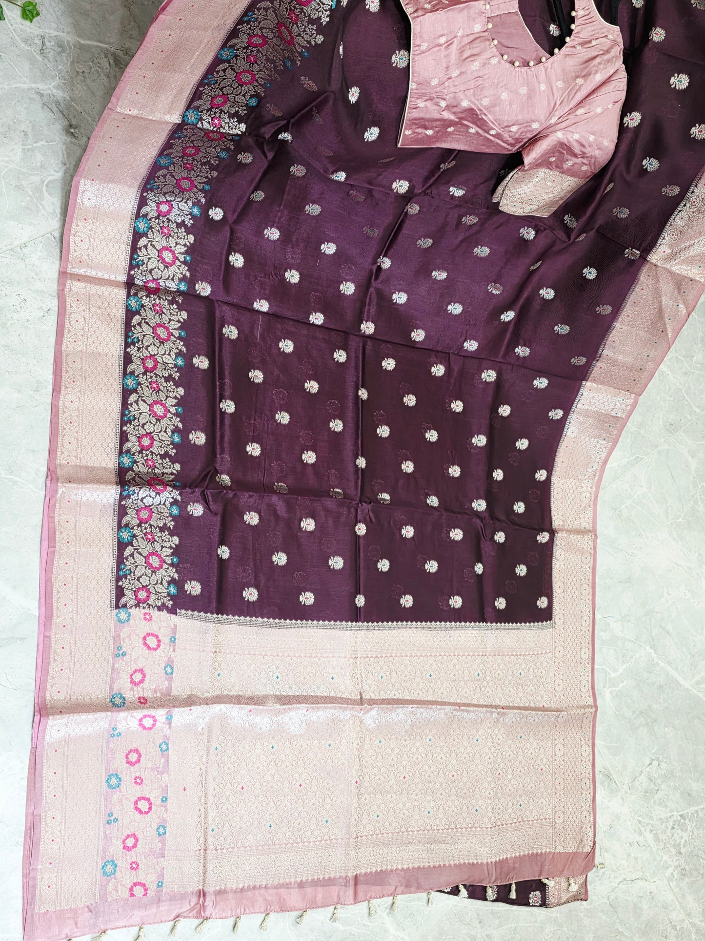Vintage Plum & Blush Pink Semi Mango Benarasi Silk Saree with Stitched Blouse