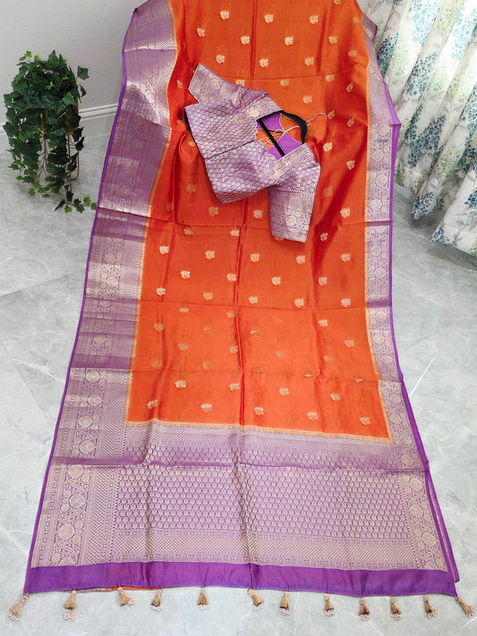 Sunset Orange & Royal Violet Semi Mango Benarasi Silk Saree with Stitched Blouse