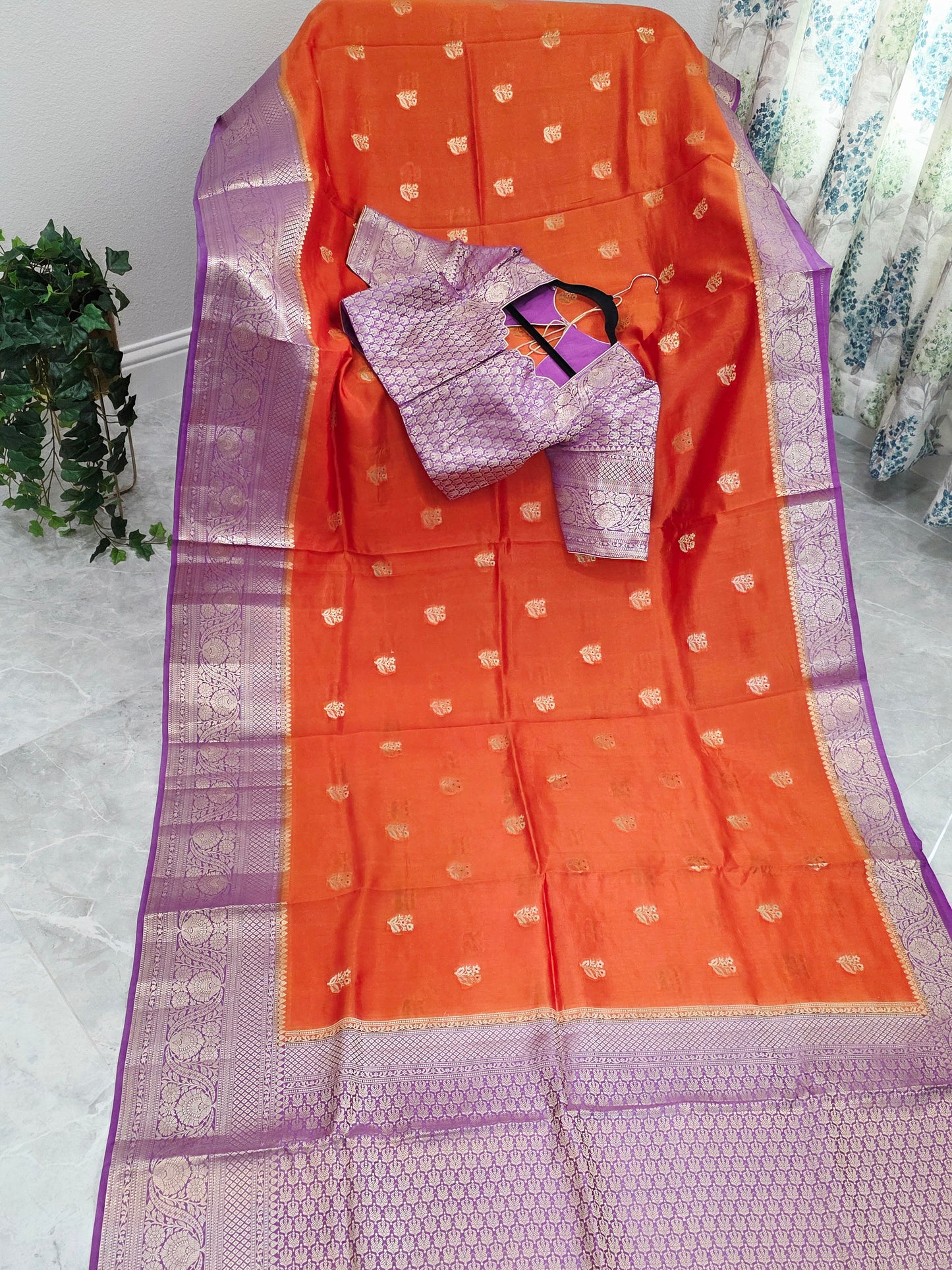 Sunset Orange & Royal Violet Semi Mango Benarasi Silk Saree with Stitched Blouse