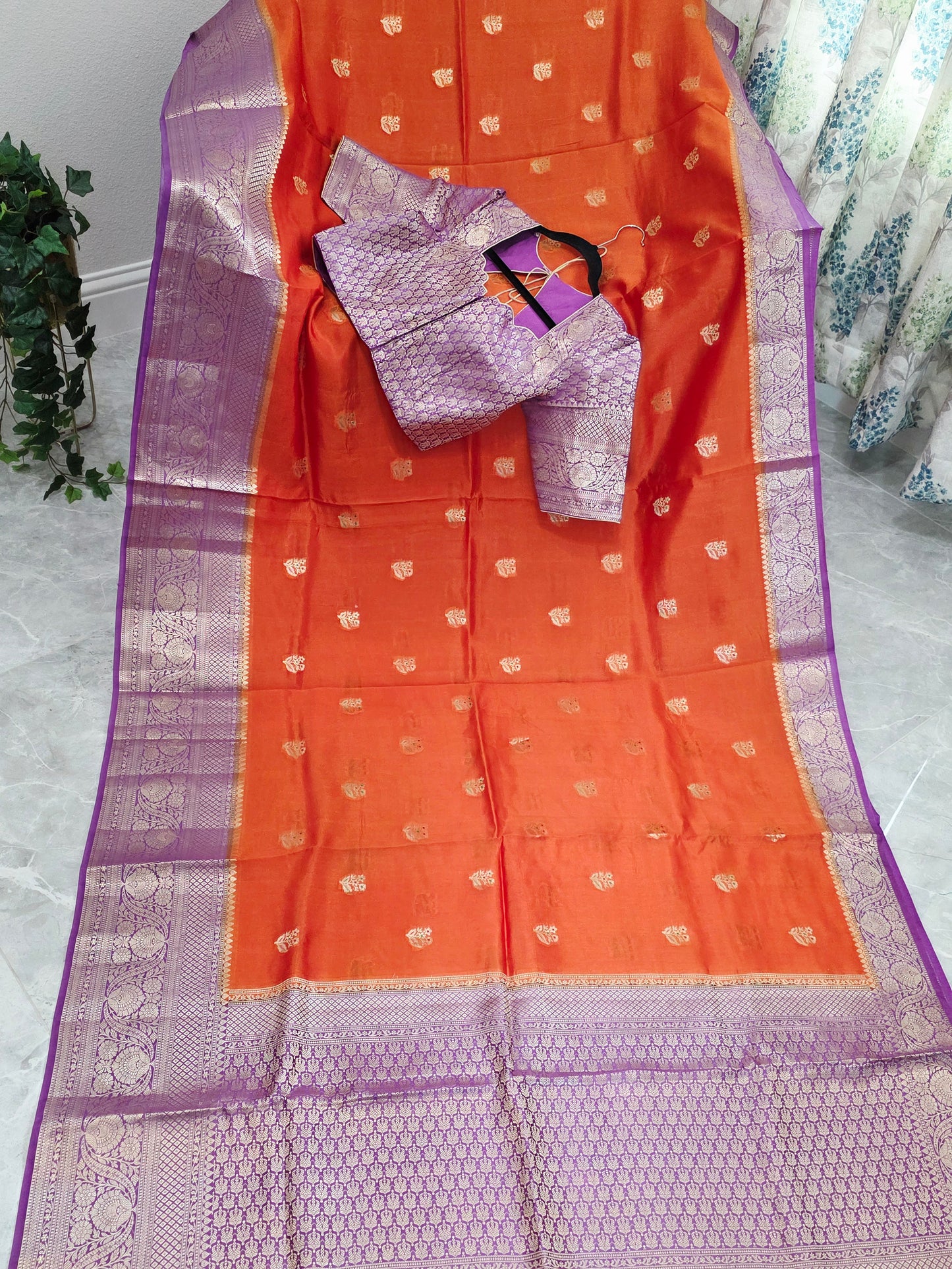 Sunset Orange & Royal Violet Semi Mango Benarasi Silk Saree with Stitched Blouse