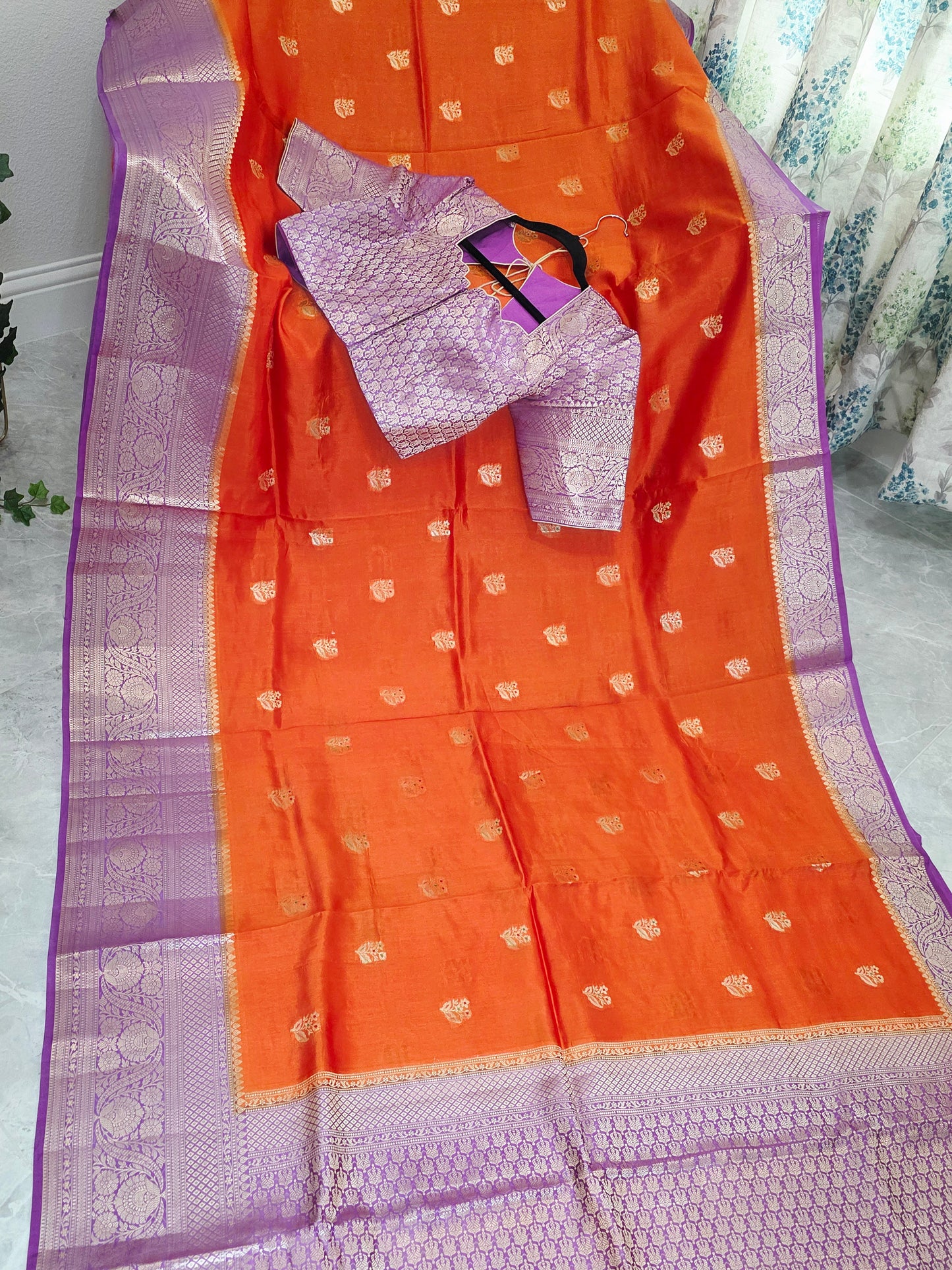 Sunset Orange & Royal Violet Semi Mango Benarasi Silk Saree with Stitched Blouse