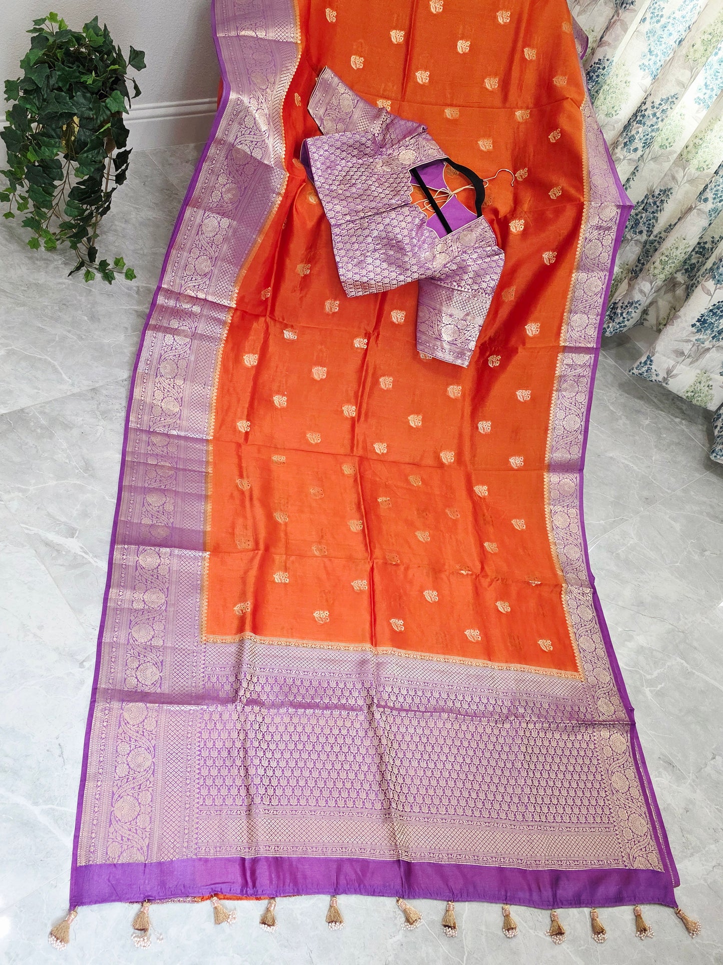 Sunset Orange & Royal Violet Semi Mango Benarasi Silk Saree with Stitched Blouse