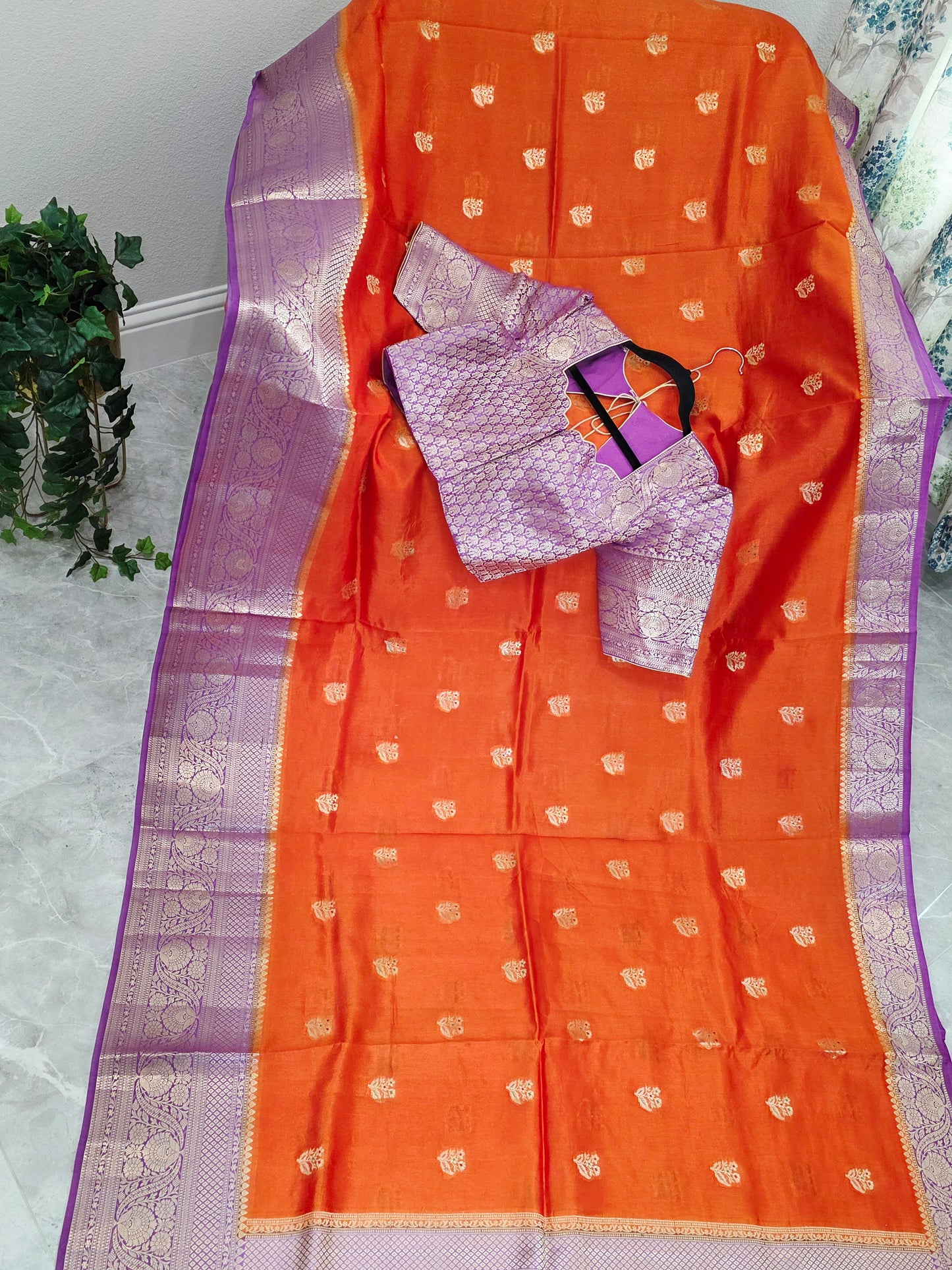 Sunset Orange & Royal Violet Semi Mango Benarasi Silk Saree with Stitched Blouse