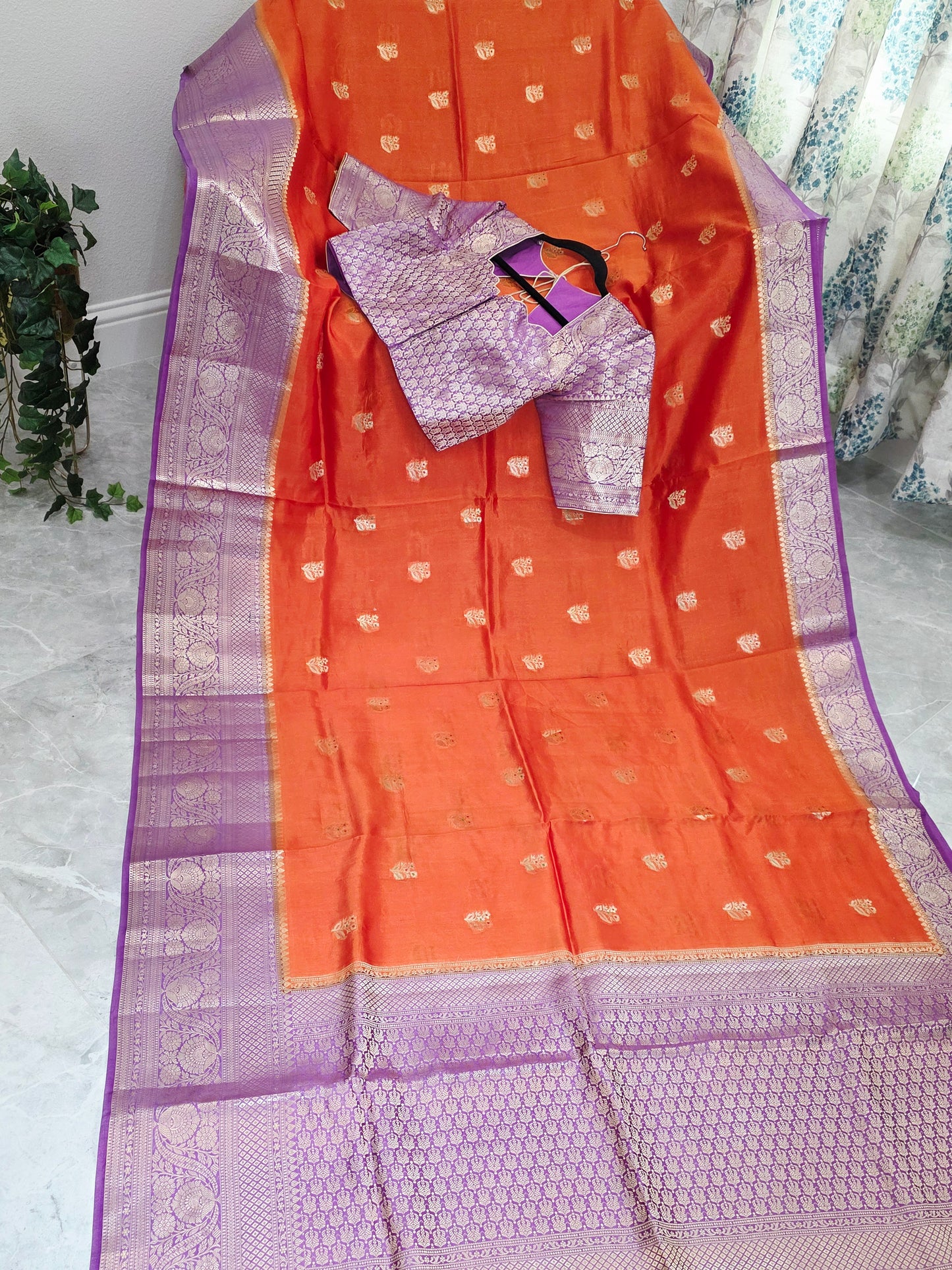 Sunset Orange & Royal Violet Semi Mango Benarasi Silk Saree with Stitched Blouse