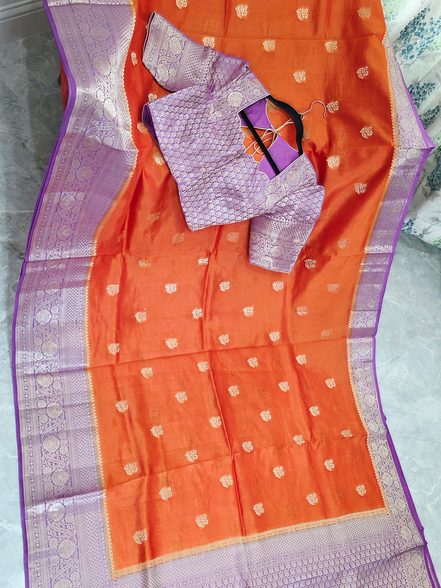 Sunset Orange & Royal Violet Semi Mango Benarasi Silk Saree with Stitched Blouse