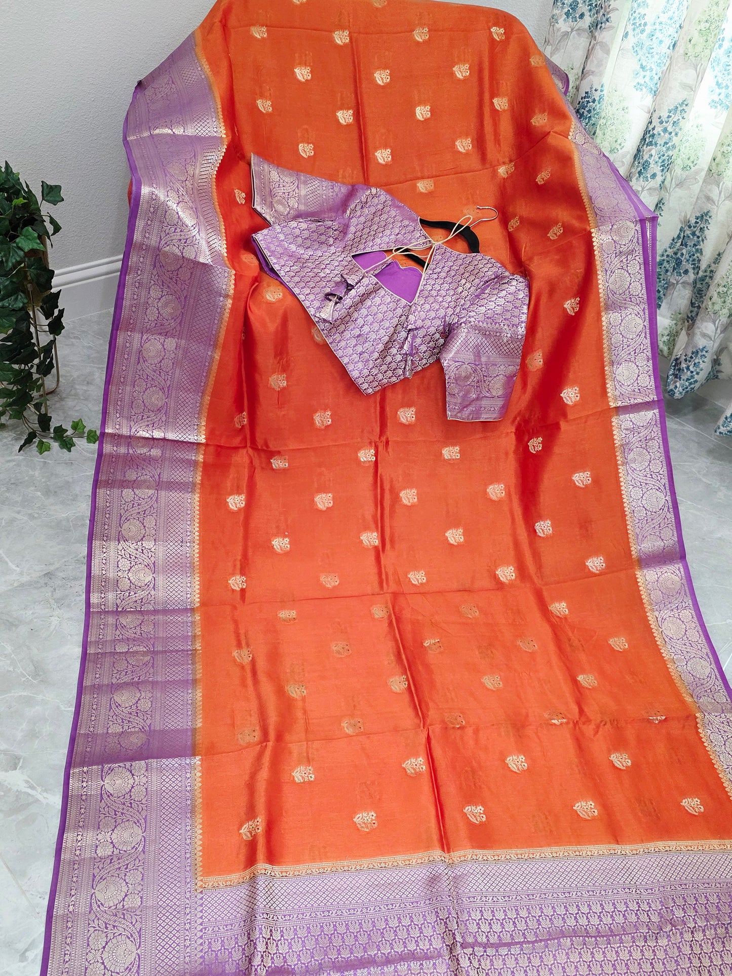 Sunset Orange & Royal Violet Semi Mango Benarasi Silk Saree with Stitched Blouse