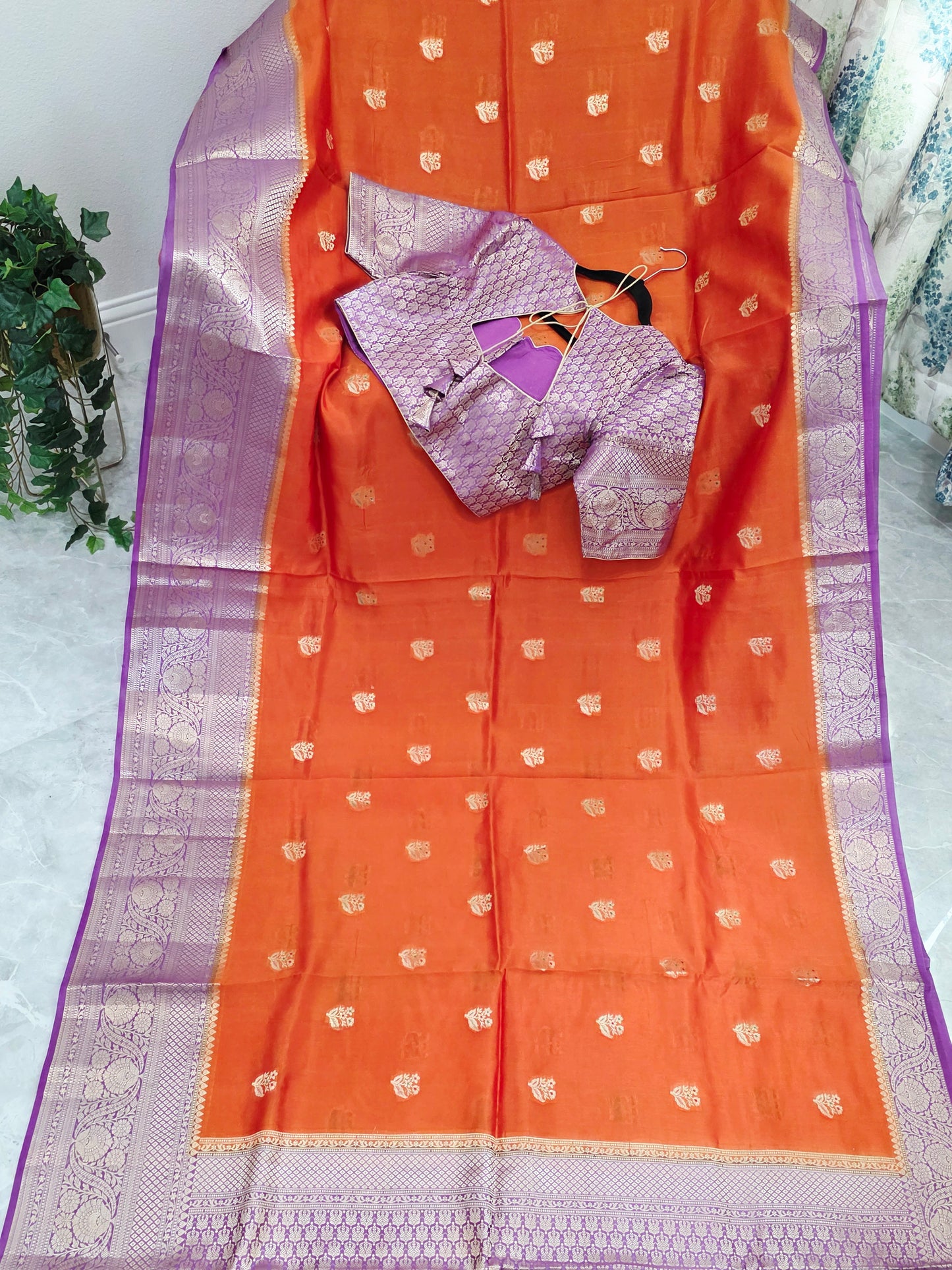 Sunset Orange & Royal Violet Semi Mango Benarasi Silk Saree with Stitched Blouse