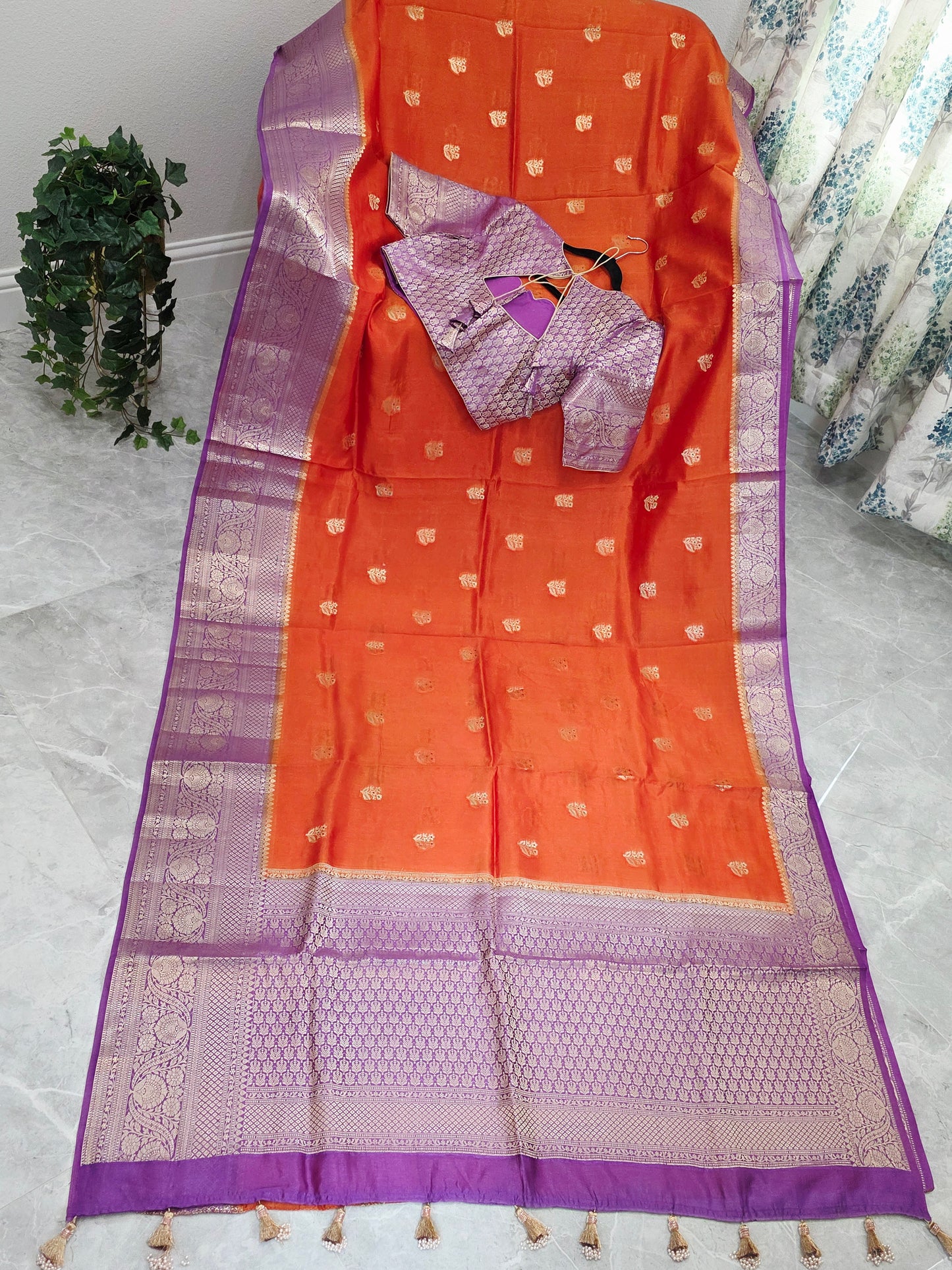 Sunset Orange & Royal Violet Semi Mango Benarasi Silk Saree with Stitched Blouse