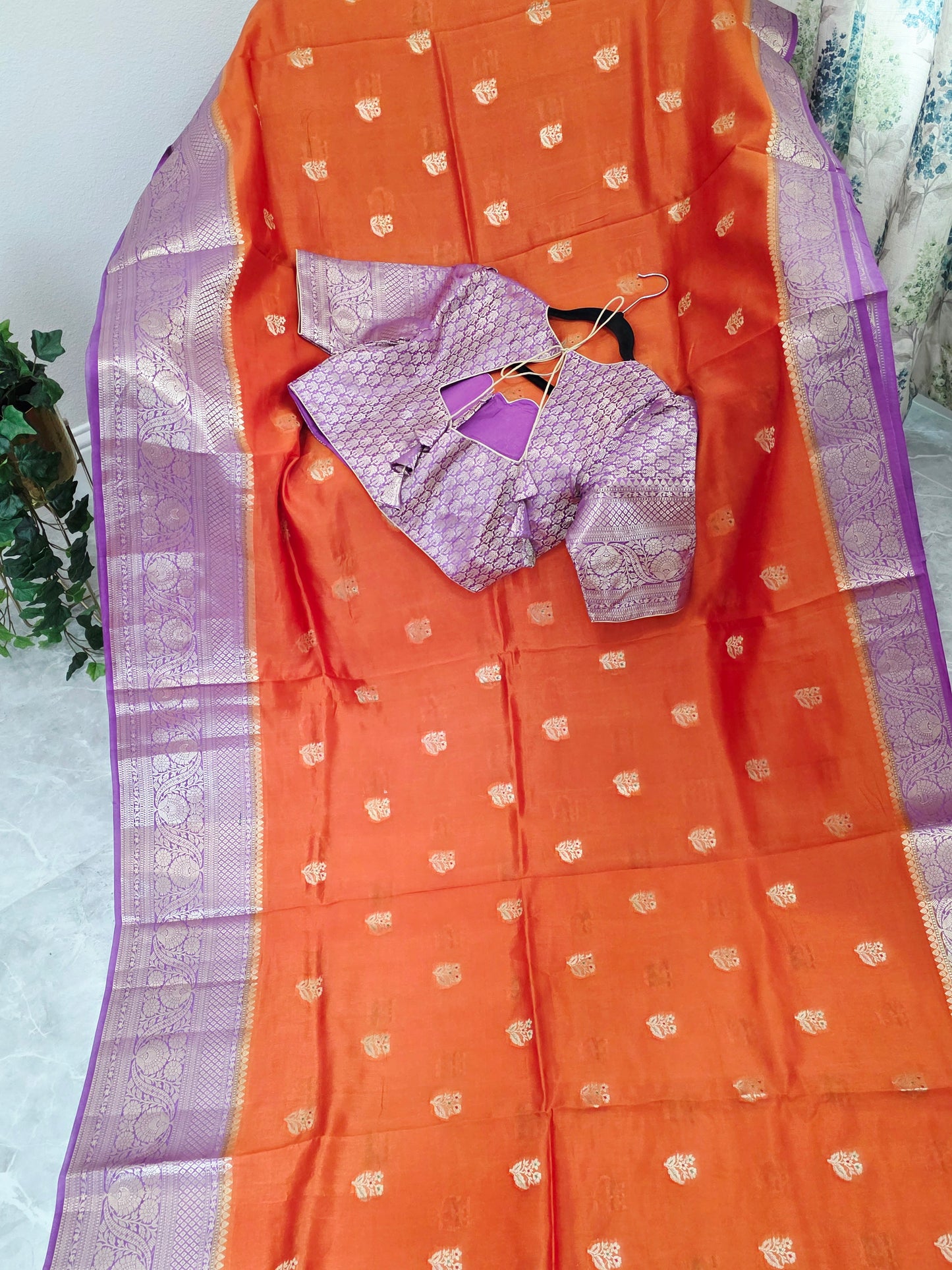 Sunset Orange & Royal Violet Semi Mango Benarasi Silk Saree with Stitched Blouse