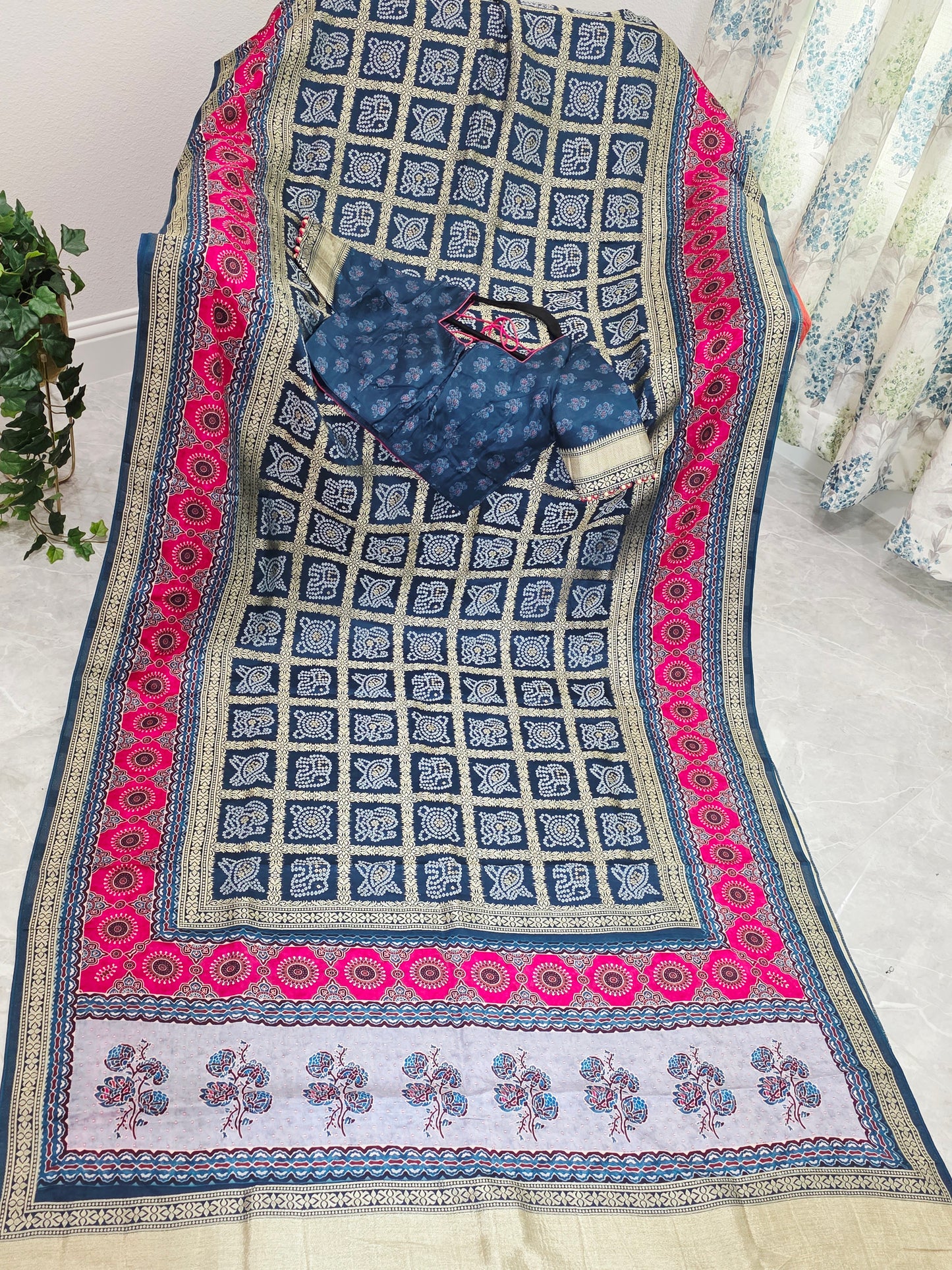 Indigo Noir & Rani Pink Fusion Bandhani Gharchola Checks Designer Saree with Stitched Blouse