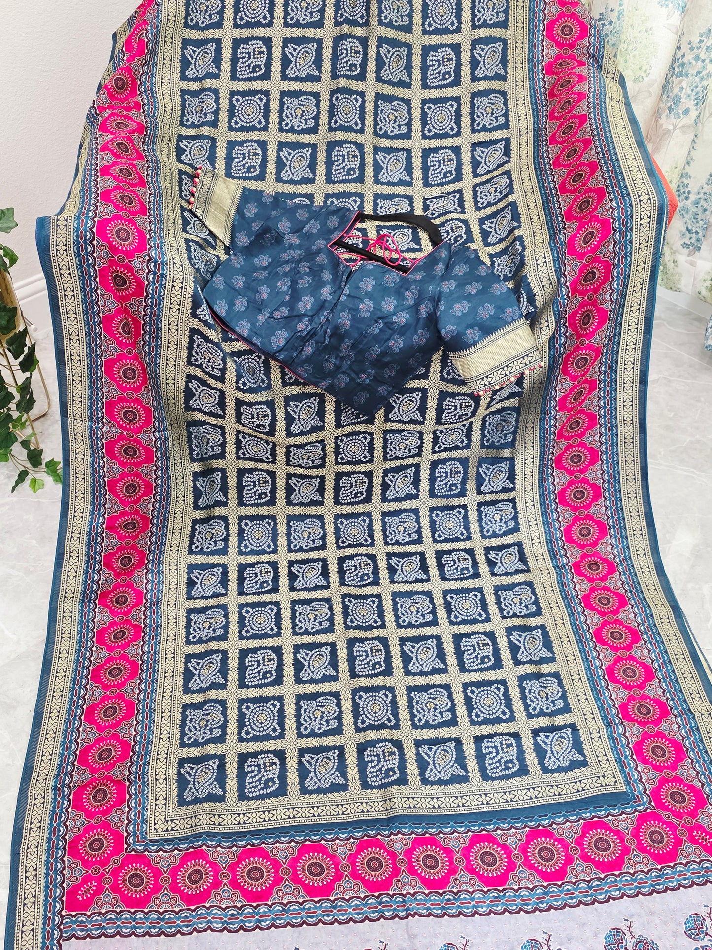 Indigo Noir & Rani Pink Fusion Bandhani Gharchola Checks Designer Saree with Stitched Blouse