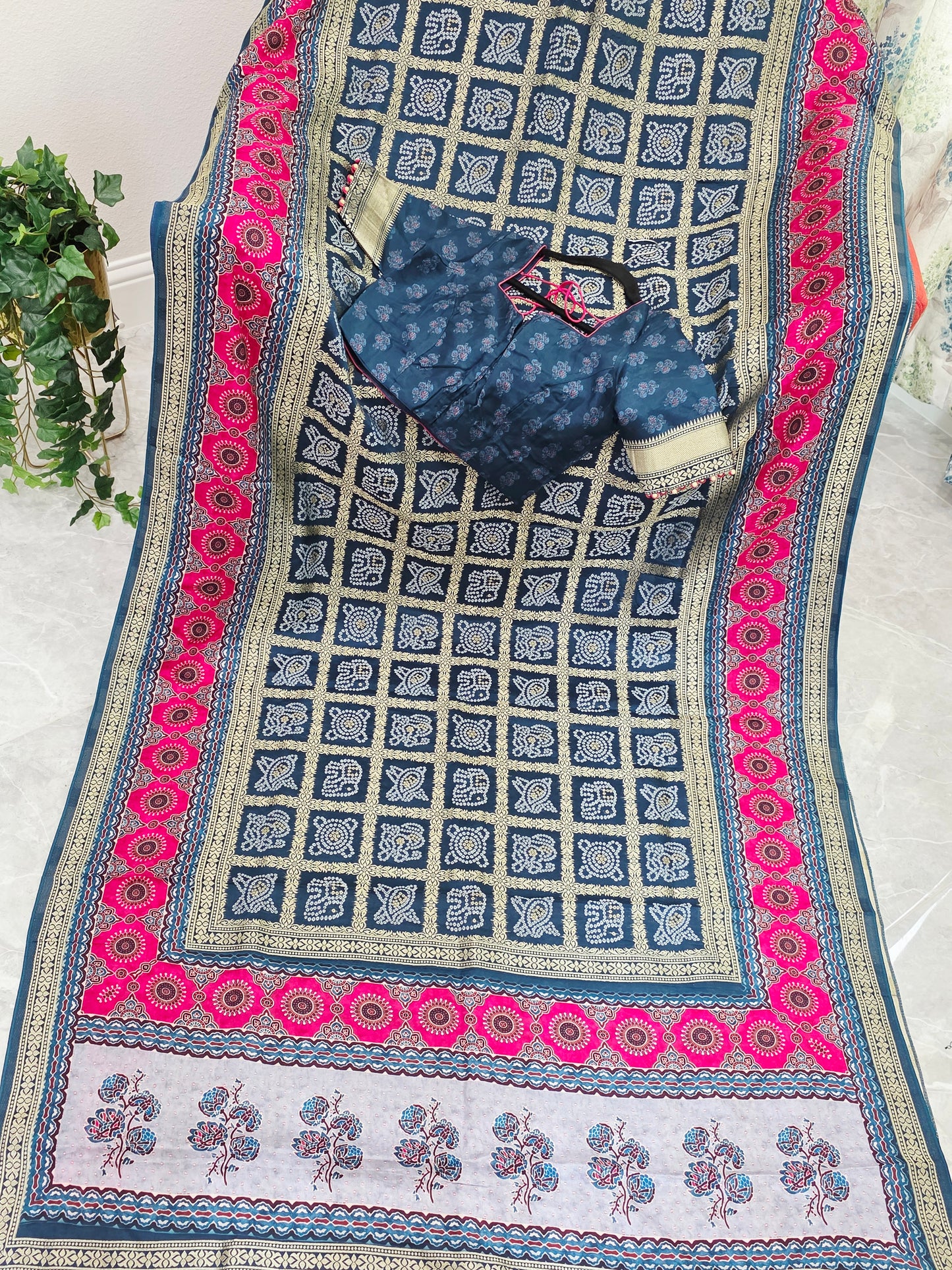 Indigo Noir & Rani Pink Fusion Bandhani Gharchola Checks Designer Saree with Stitched Blouse