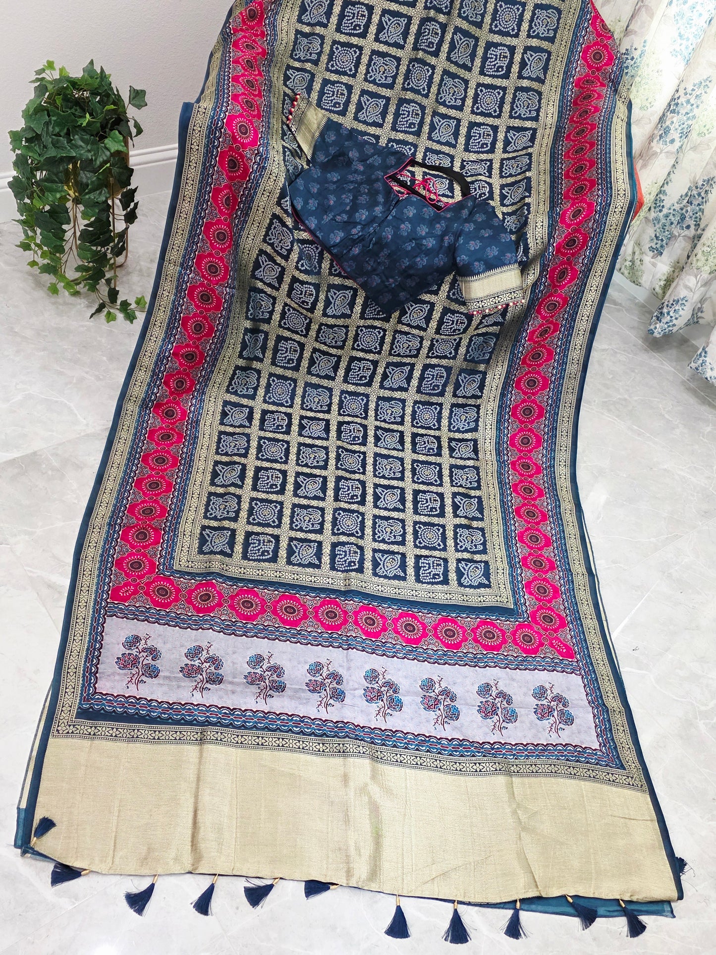 Indigo Noir & Rani Pink Fusion Bandhani Gharchola Checks Designer Saree with Stitched Blouse