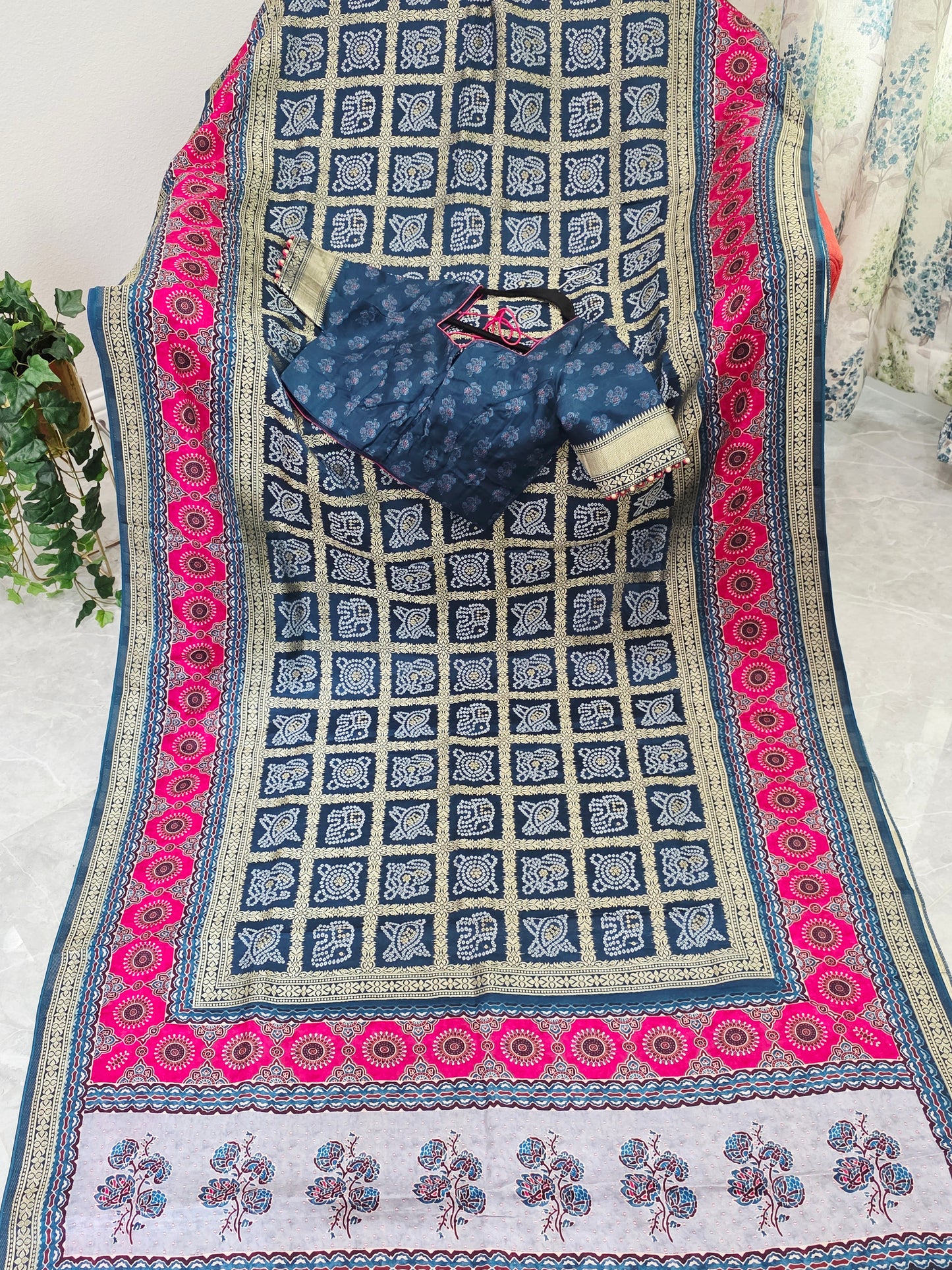 Indigo Noir & Rani Pink Fusion Bandhani Gharchola Checks Designer Saree with Stitched Blouse